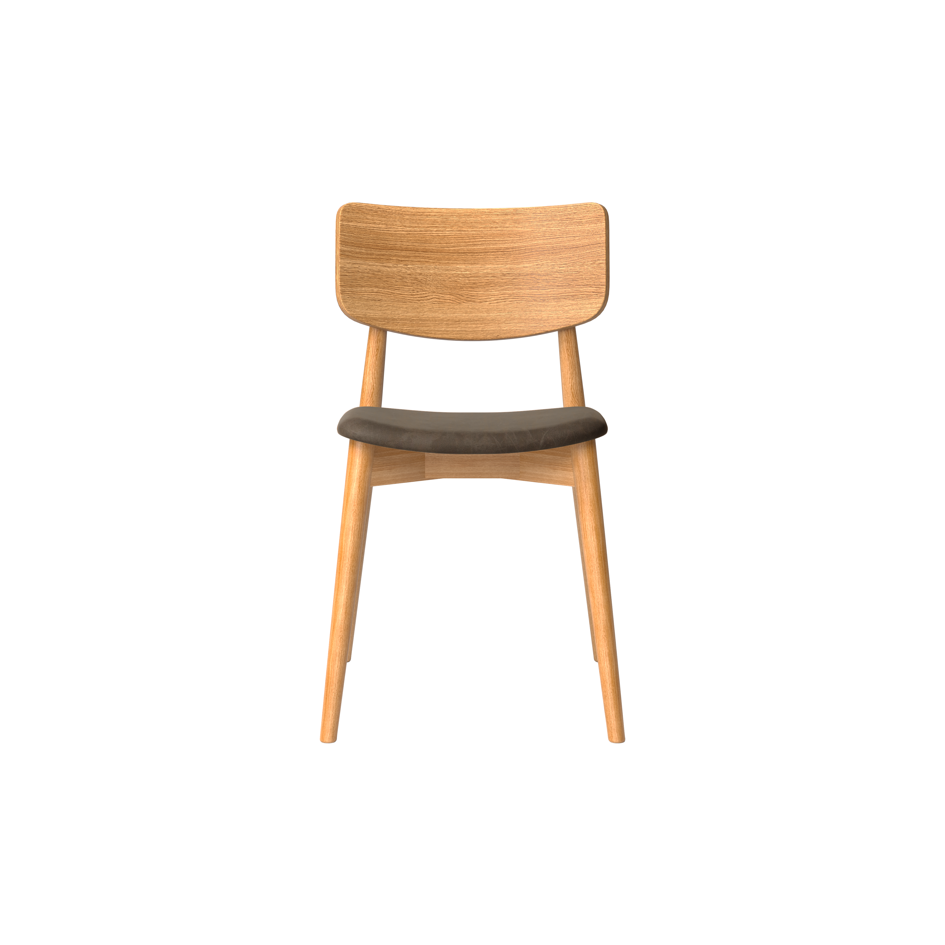 Bruunmunch Chiara chair in solid oak with natural oil finish and seat upholstered in umbra-colored aniline leather, front view packshot against a neutral background
