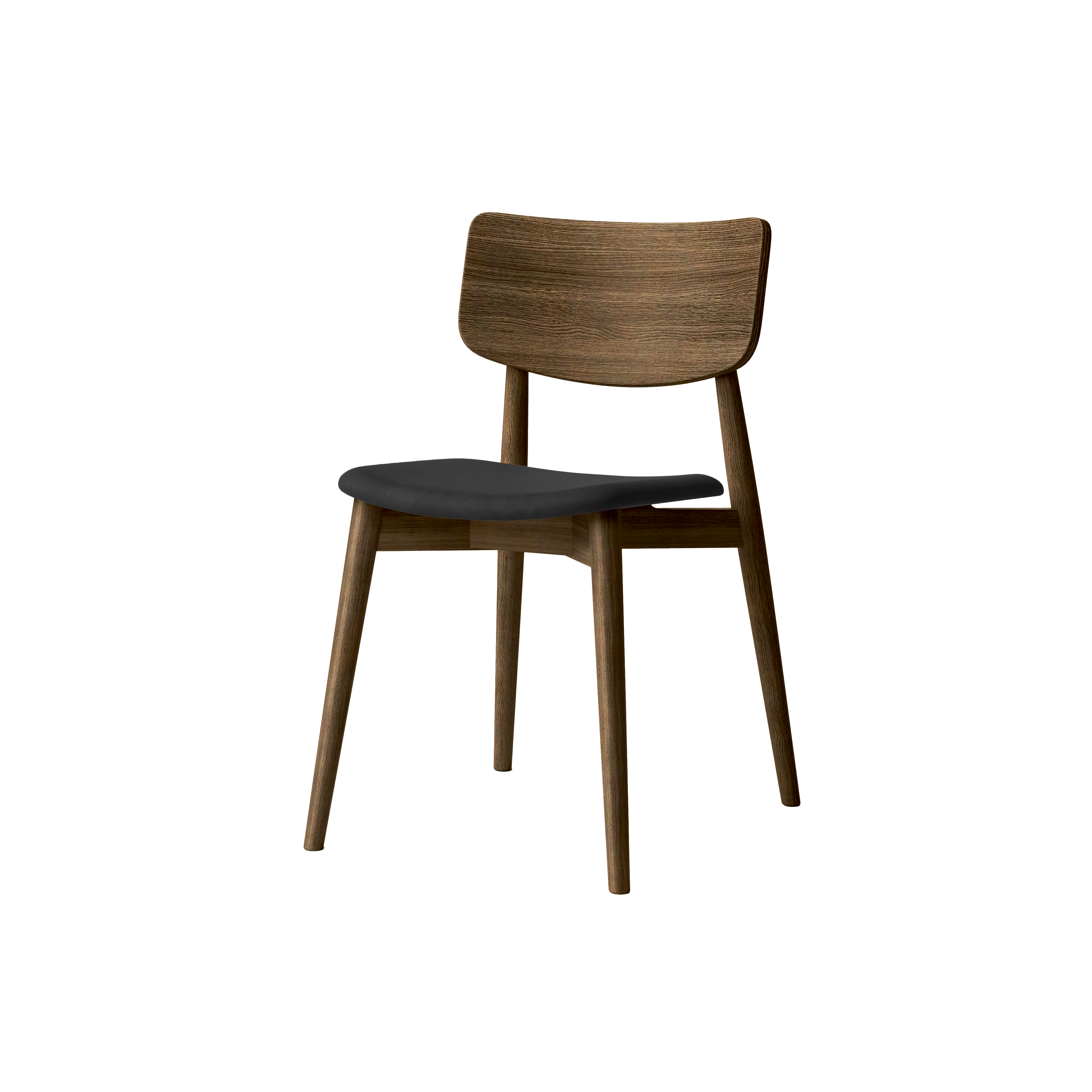 Bruunmunch Chiara chair in solid oak with smoked oil finish and seat upholstered in black-colored aniline leather, angled packshot against a neutral background