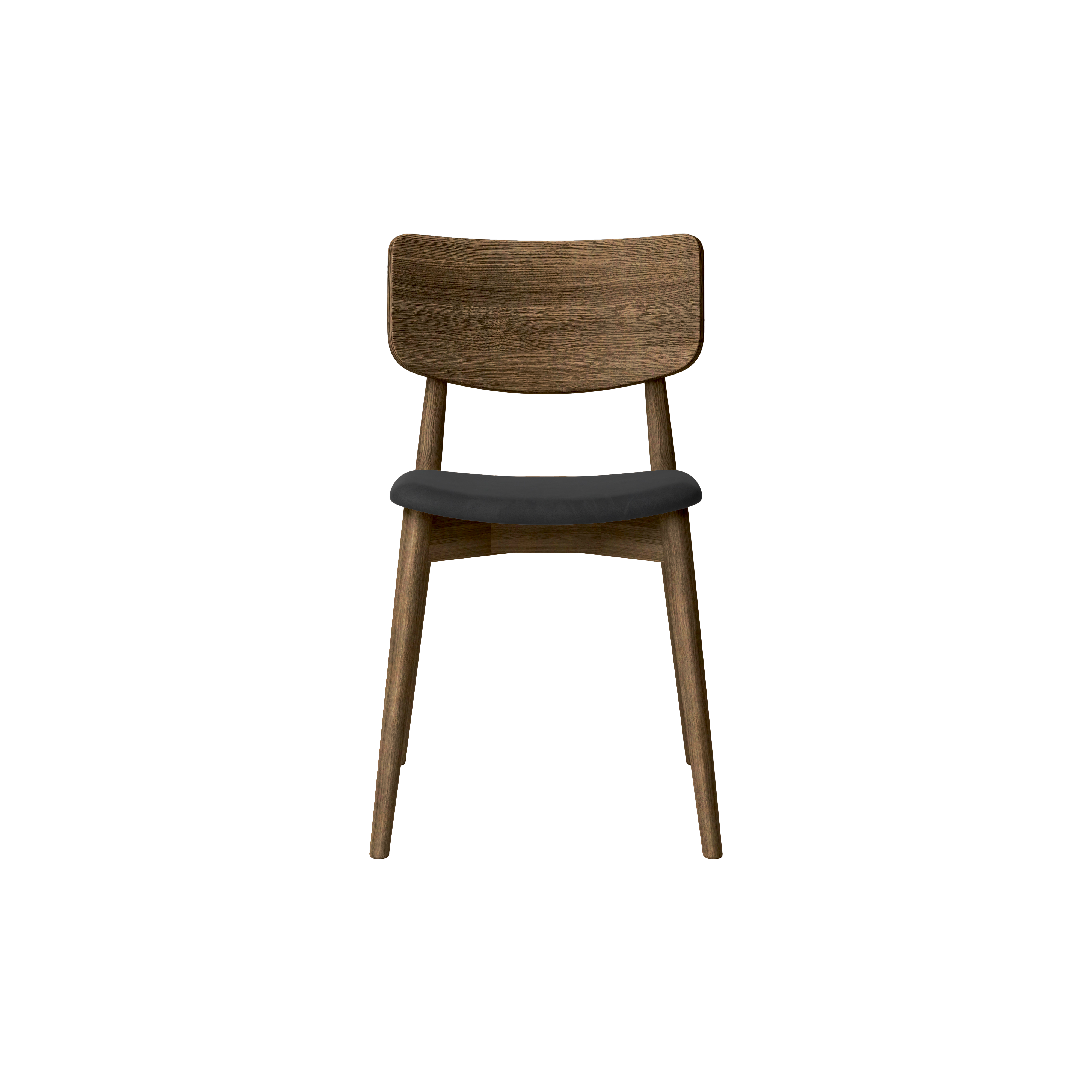 Bruunmunch Chiara chair in solid oak with smoked oil finish and seat upholstered in black-colored aniline leather, front view packshot against a neutral background