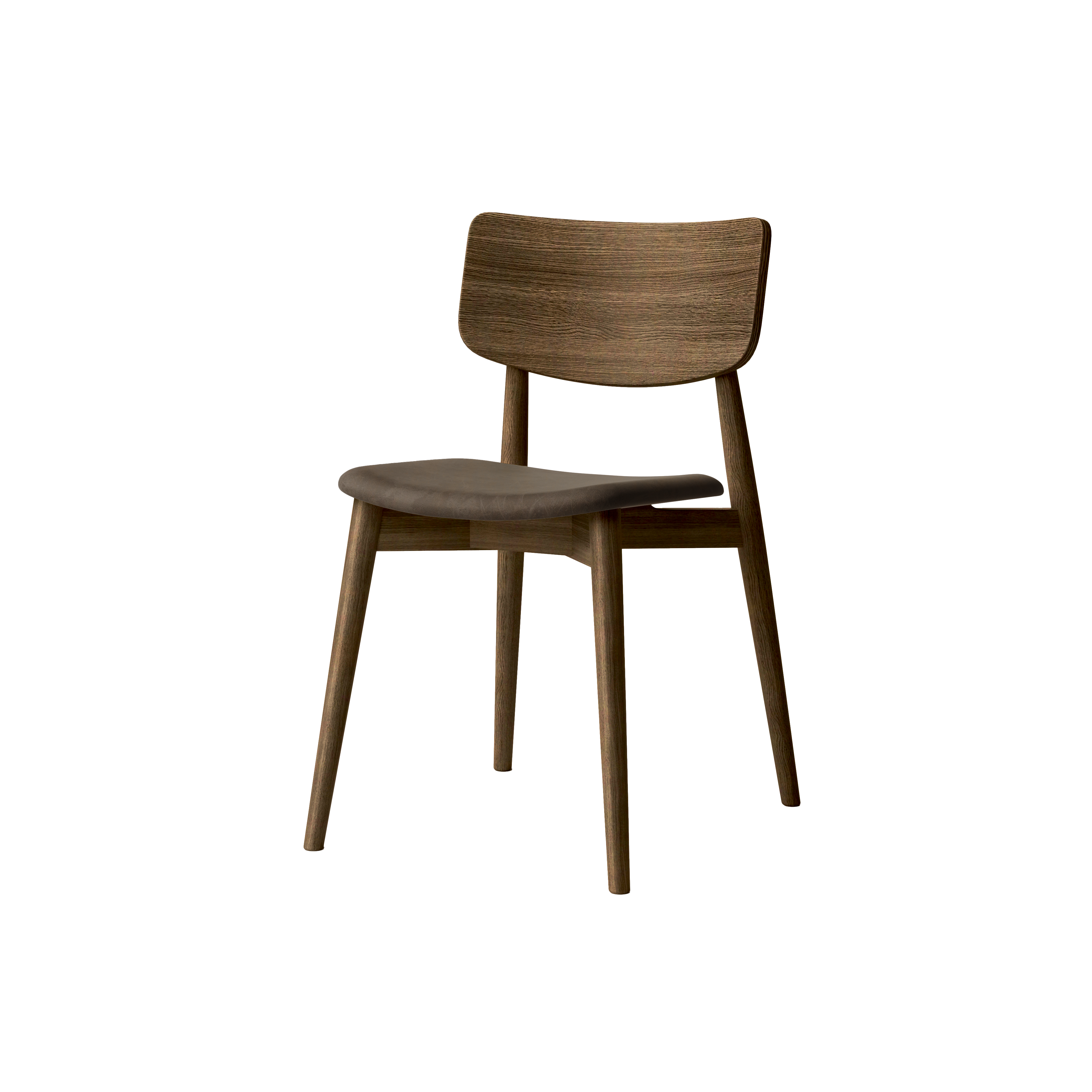 Bruunmunch Chiara chair in solid oak with smoked oil finish and seat upholstered in umbra-colored aniline leather, angled packshot against a neutral background