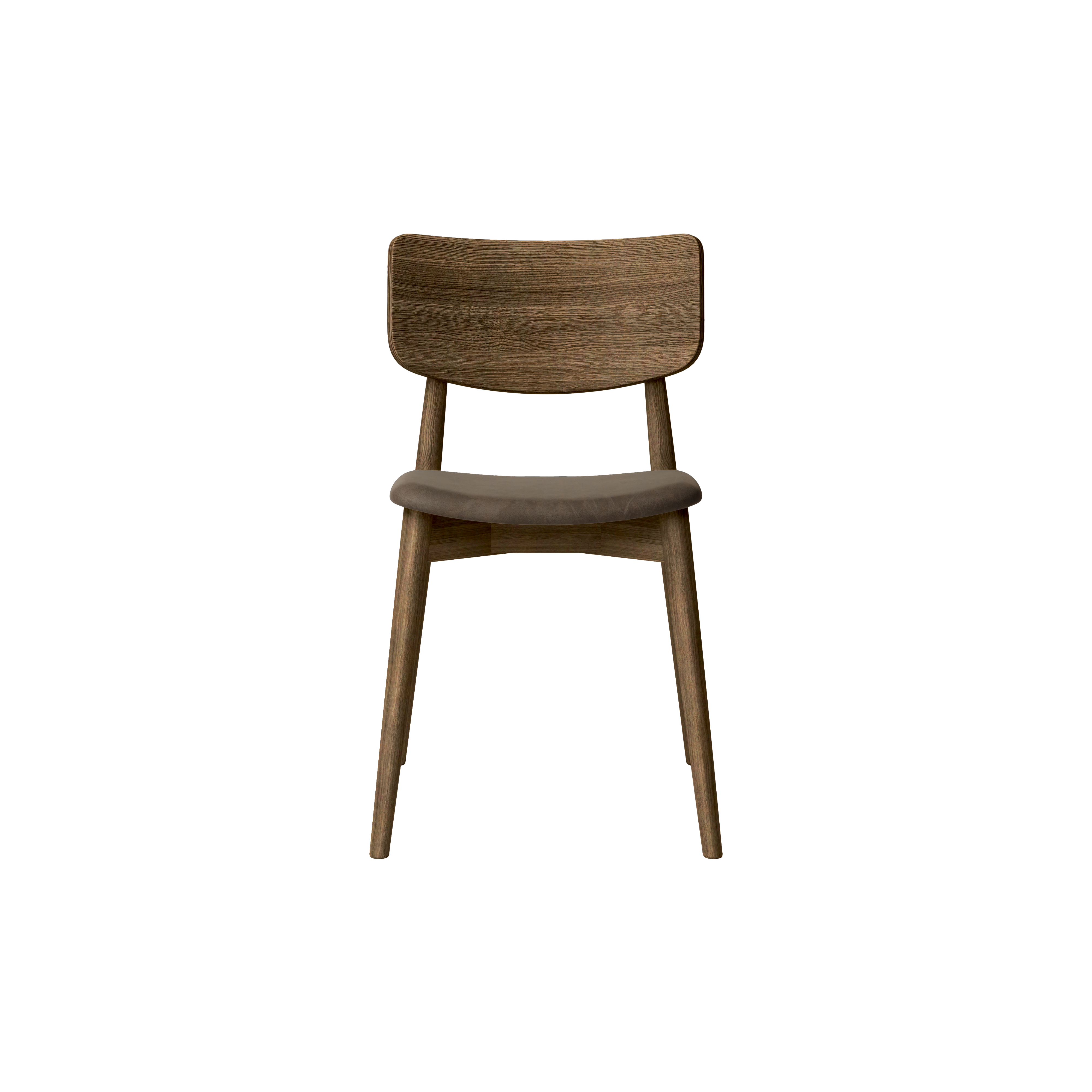 Bruunmunch Chiara chair in solid oak with smoked oil finish and seat upholstered in umbra-colored aniline leather, front view packshot against a neutral background