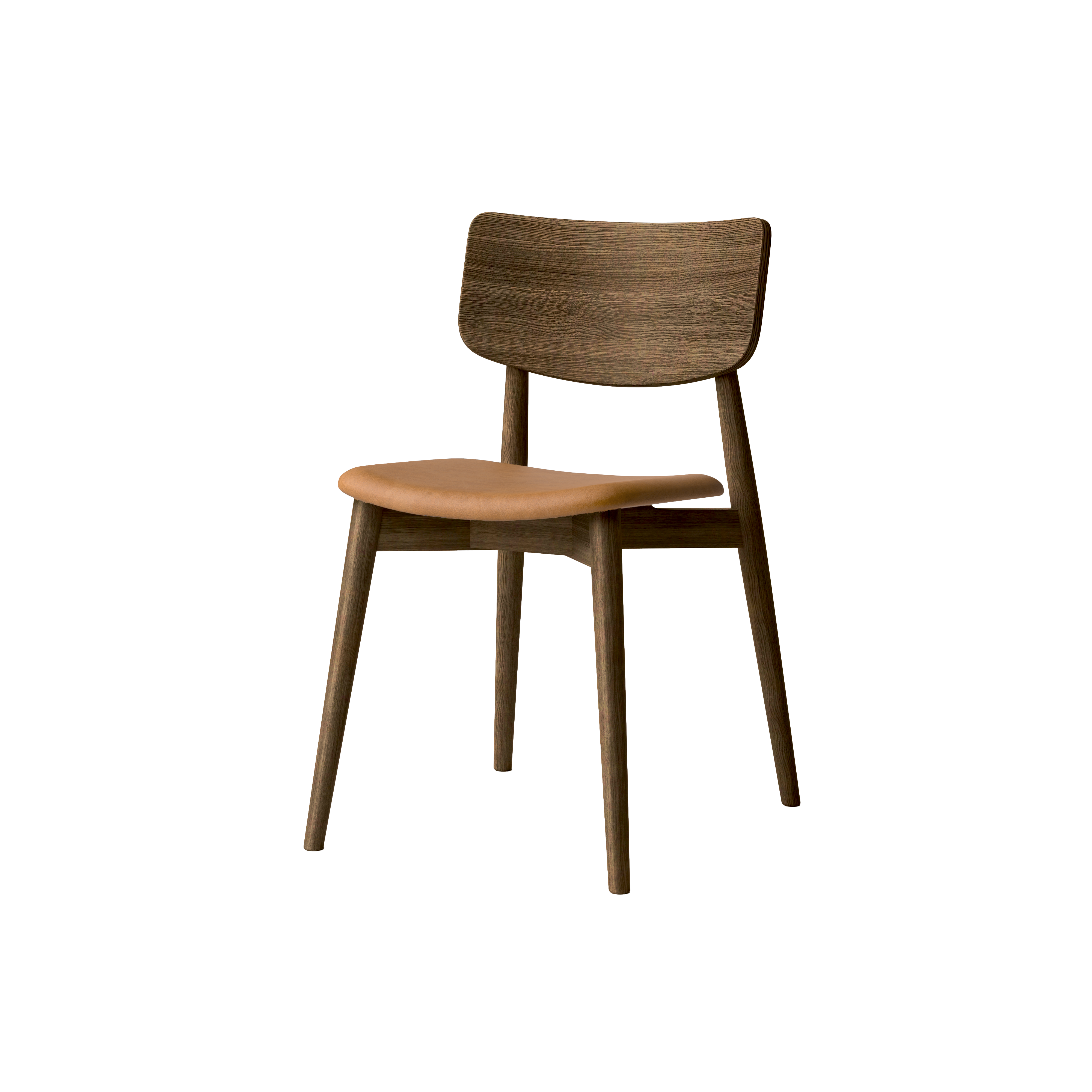 Bruunmunch Chiara chair in solid oak with smoked oil finish and seat upholstered in brandy-colored aniline leather, angled packshot against a neutral background