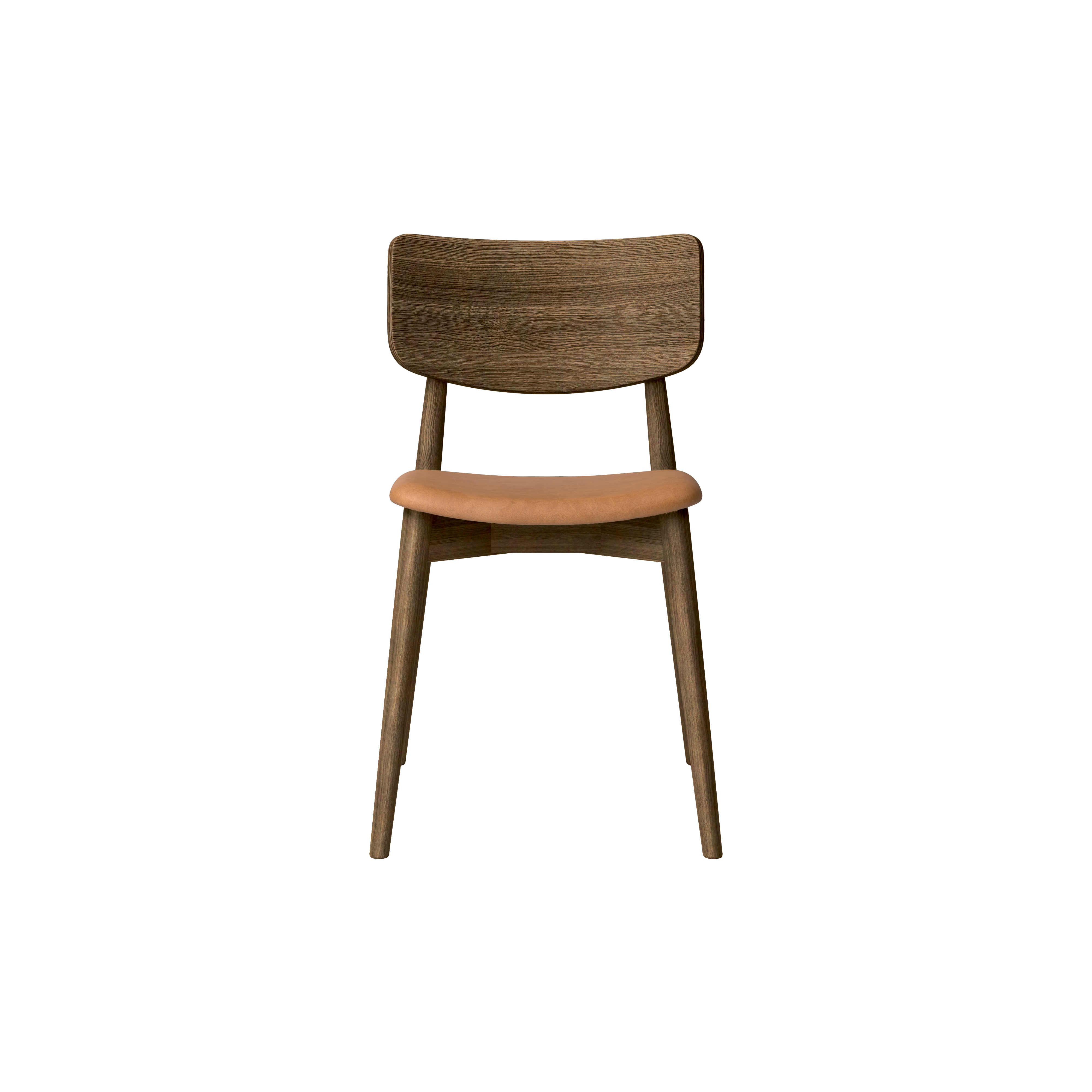 Bruunmunch Chiara chair in solid oak with smoked oil finish and seat upholstered in brandy-colored aniline leather, front view packshot against a neutral background