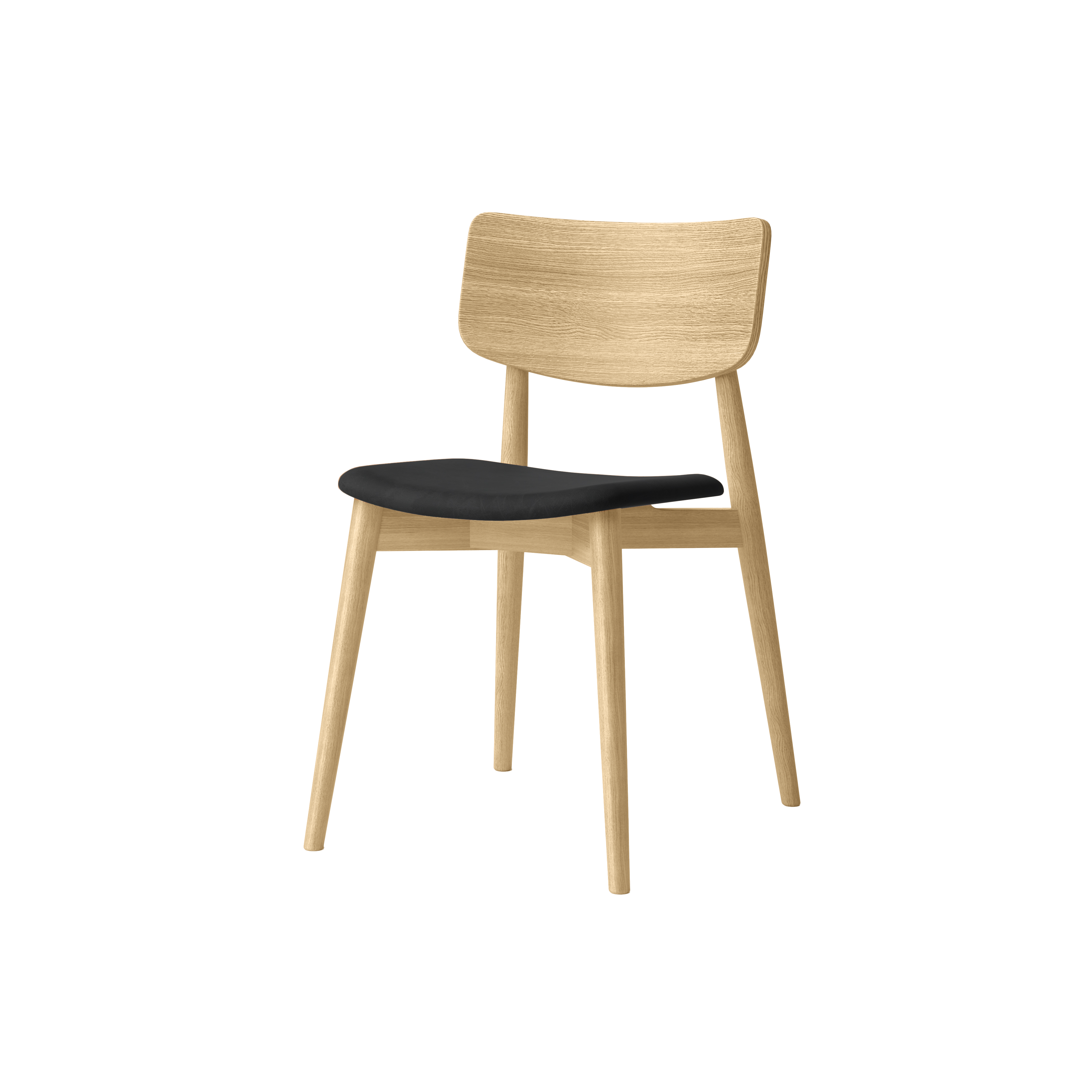 Bruunmunch Chiara chair in solid oak with white oil finish and seat upholstered in black-colored aniline leather, angled packshot against a neutral background