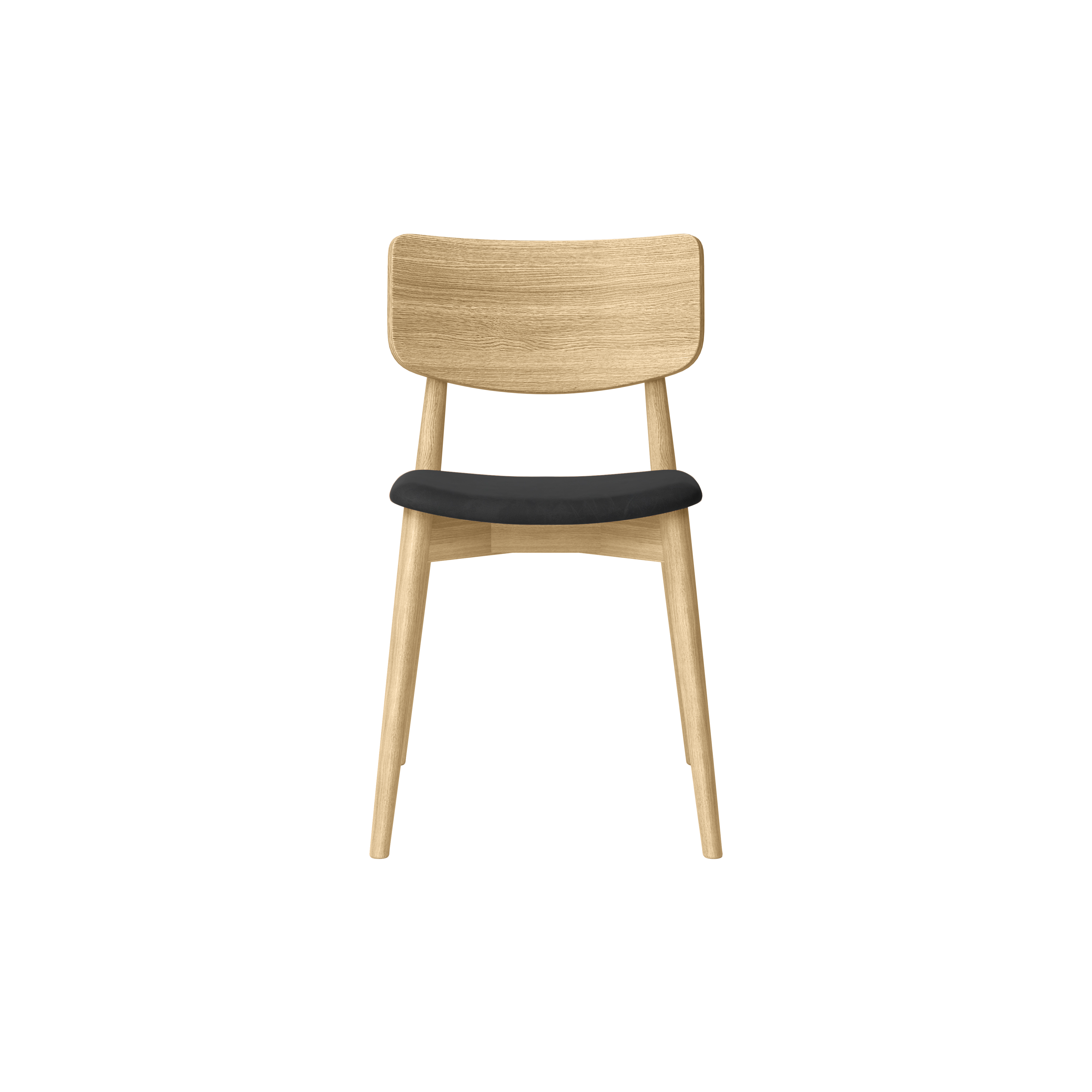 Bruunmunch Chiara chair in solid oak with white oil finish and seat upholstered in black-colored aniline leather, front view packshot against a neutral background