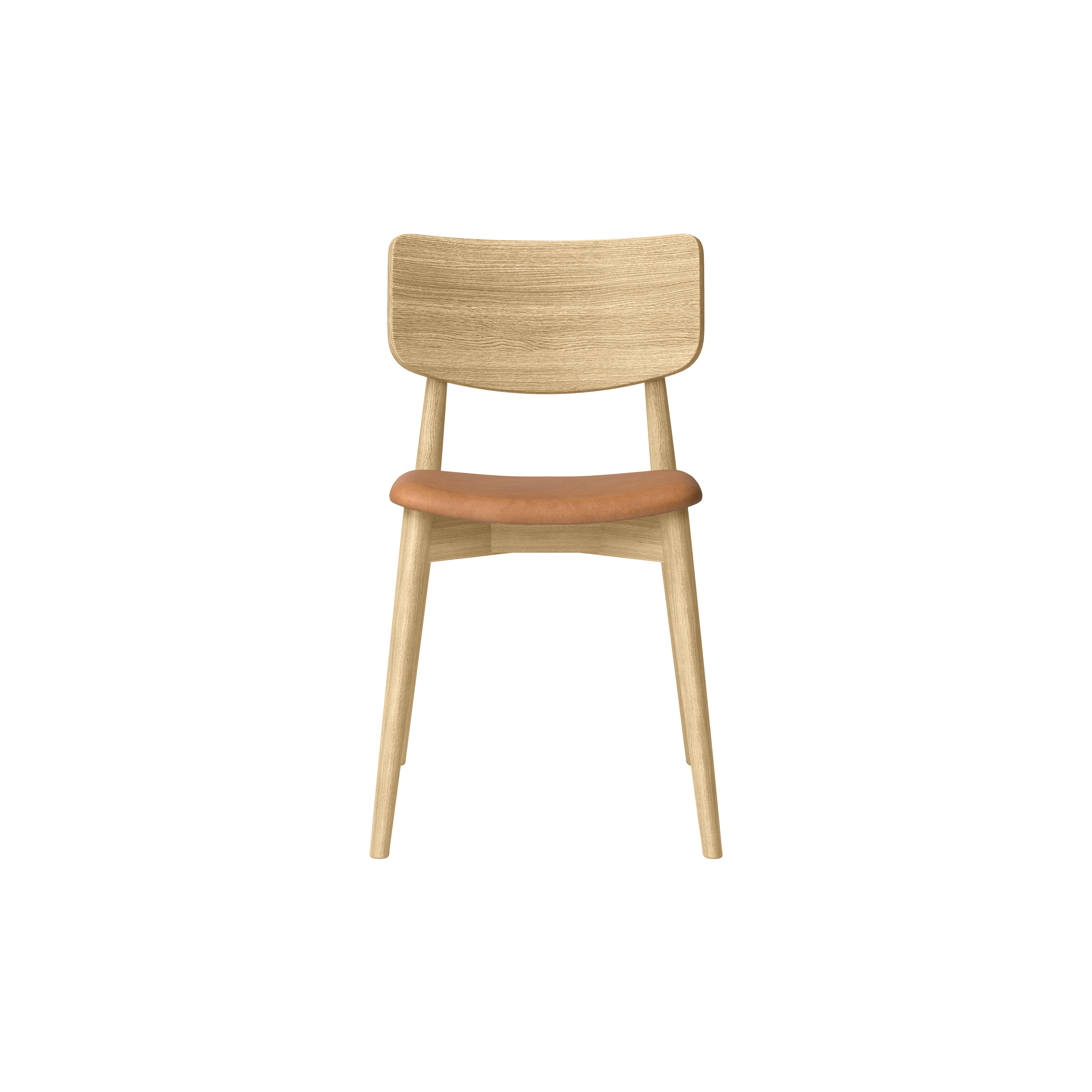 Bruunmunch Chiara chair in solid oak with white oil finish and seat upholstered in brandy-colored aniline leather, front view packshot against a neutral background