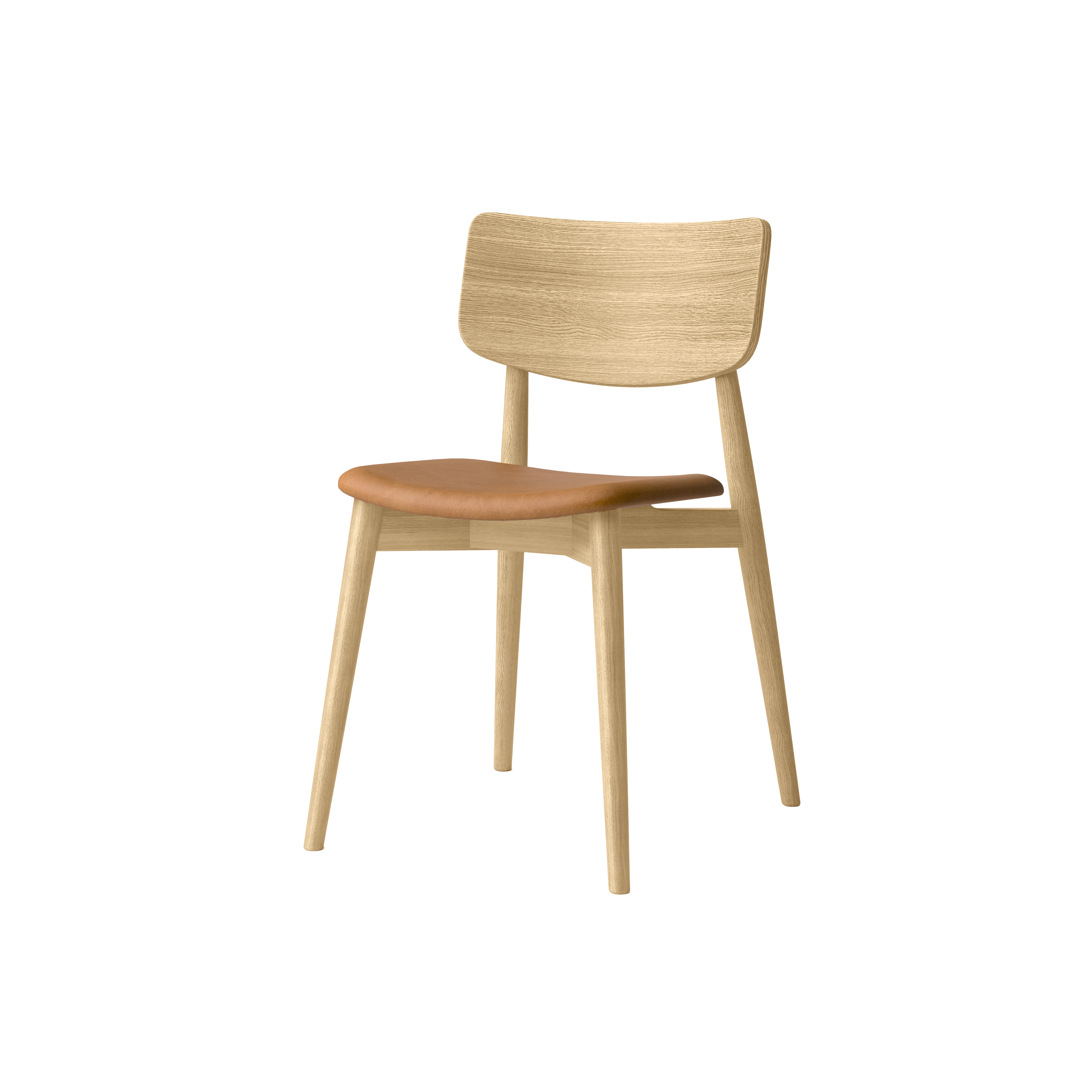 Bruunmunch Chiara chair in solid oak with white oil finish and seat upholstered in brandy-colored aniline leather, angled packshot against a neutral background