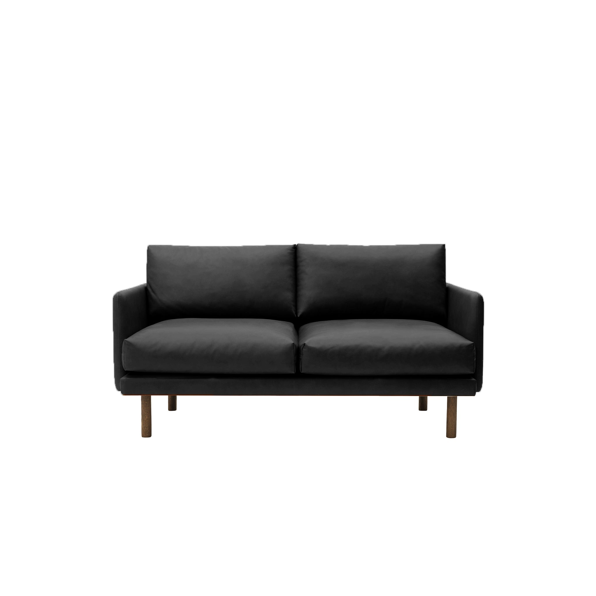 Emo 2 Seater Sofa Upholstered in Dakar Black Leather with legs in Oak, Smoked. Designed by Mika Tolvanen a danish design sofa by Bruunmunch