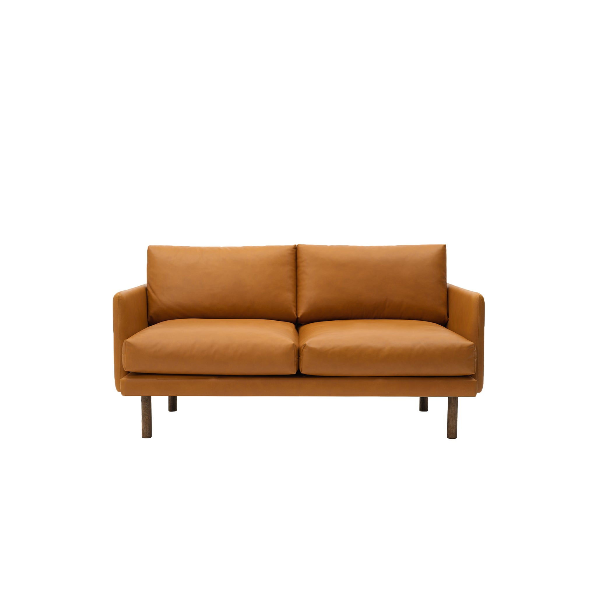 Emo 2 Seater Sofa Upholstered in Dakar Cognac Leather with legs in Oak, Smoked. Designed by Mika Tolvanen a danish design sofa by Bruunmunch