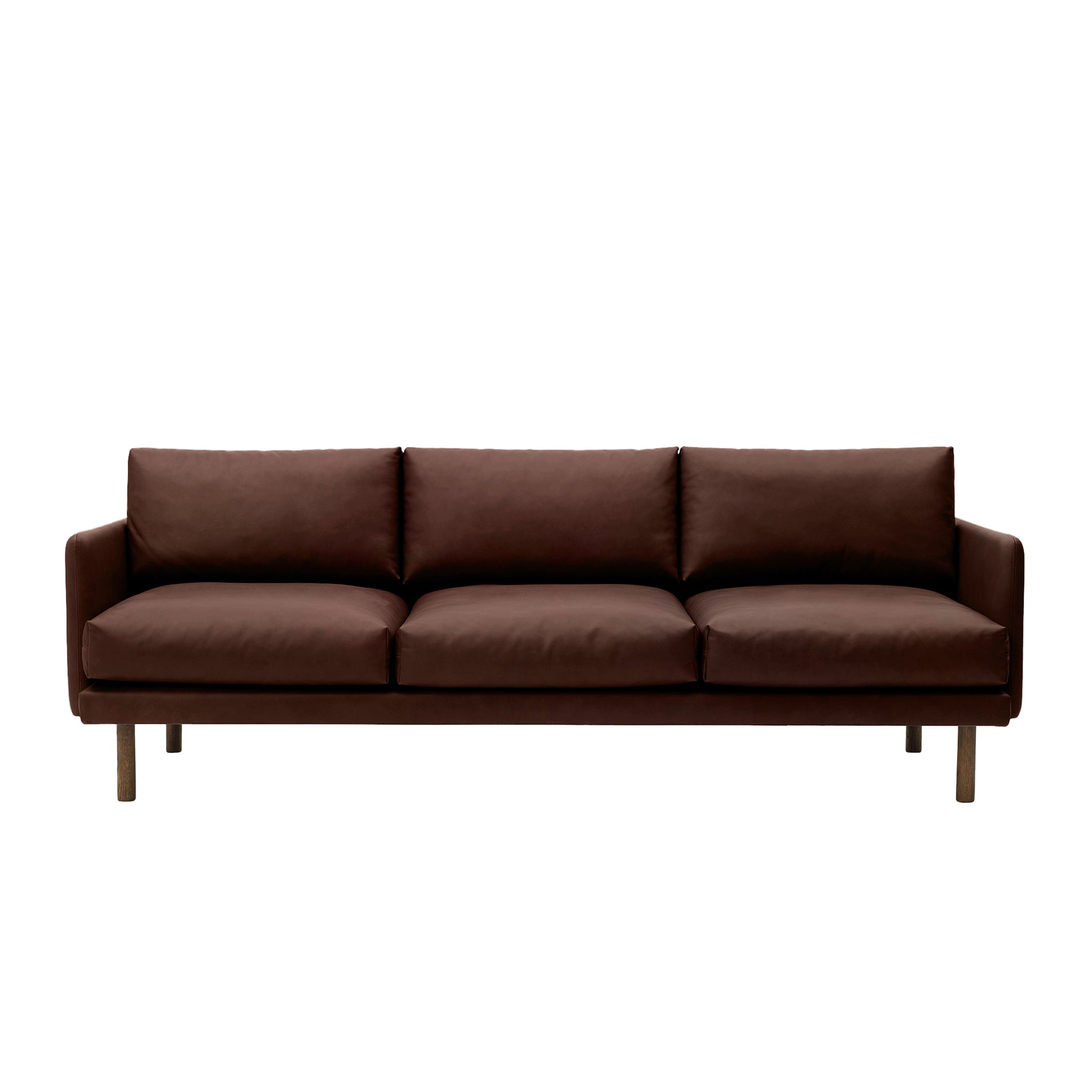 Emo 3 Seater Sofa Upholstered in Dakar Brown Leather with legs in Oak, Smoked. Designed by Mika Tolvanen a danish design sofa by Bruunmunch