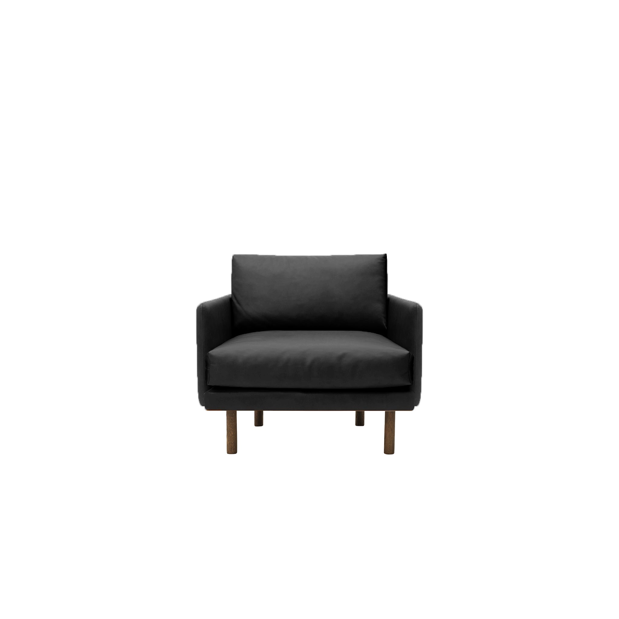 Emo Lounge Chair Upholstered in Dakar Black Leather with legs in Oak, Smoked. Designed by Mika Tolvanen a danish design sofa by Bruunmunch