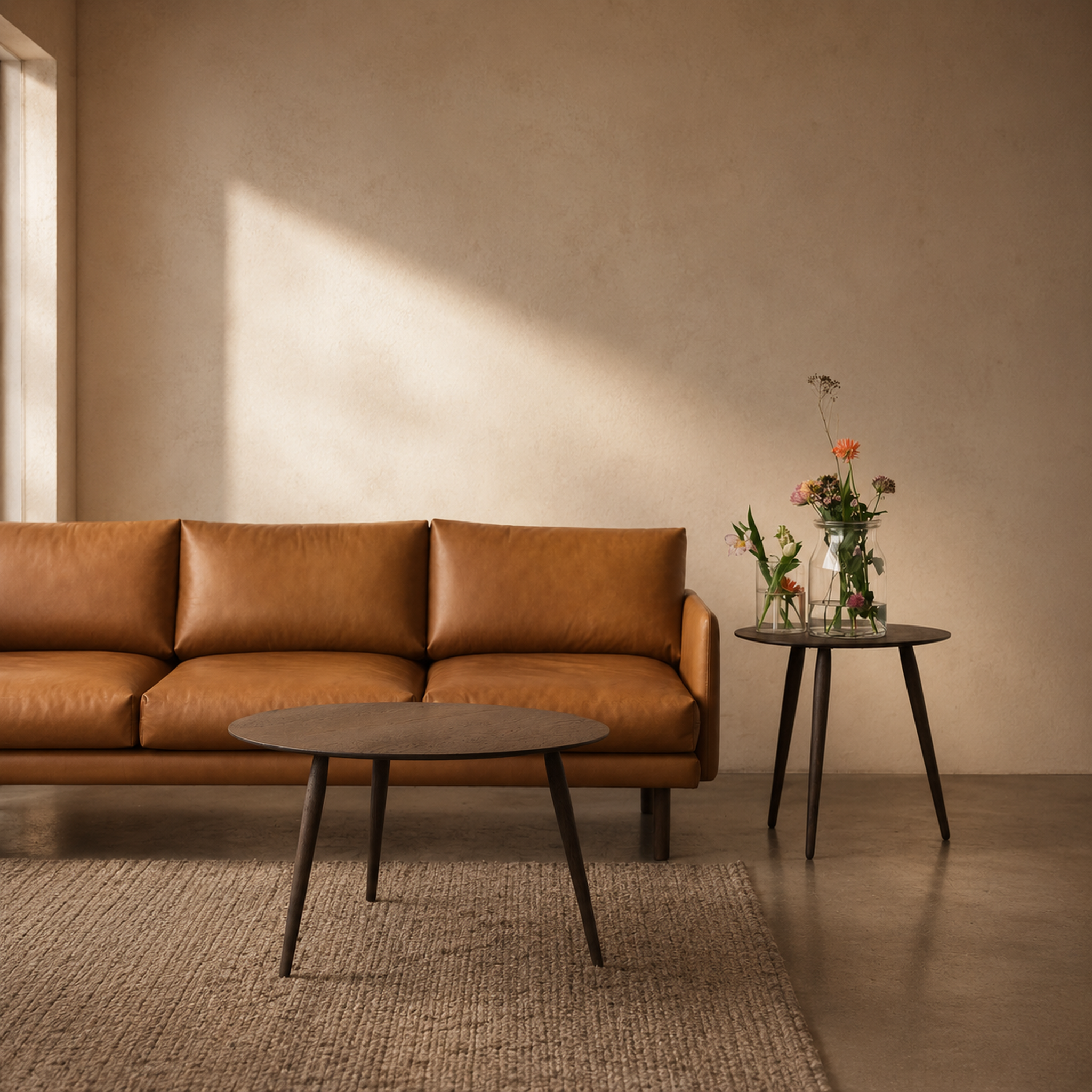 A warm brown leather sofa in a minimalist living room setting with a round coffee table, a side table with flowers, and a textured rug.