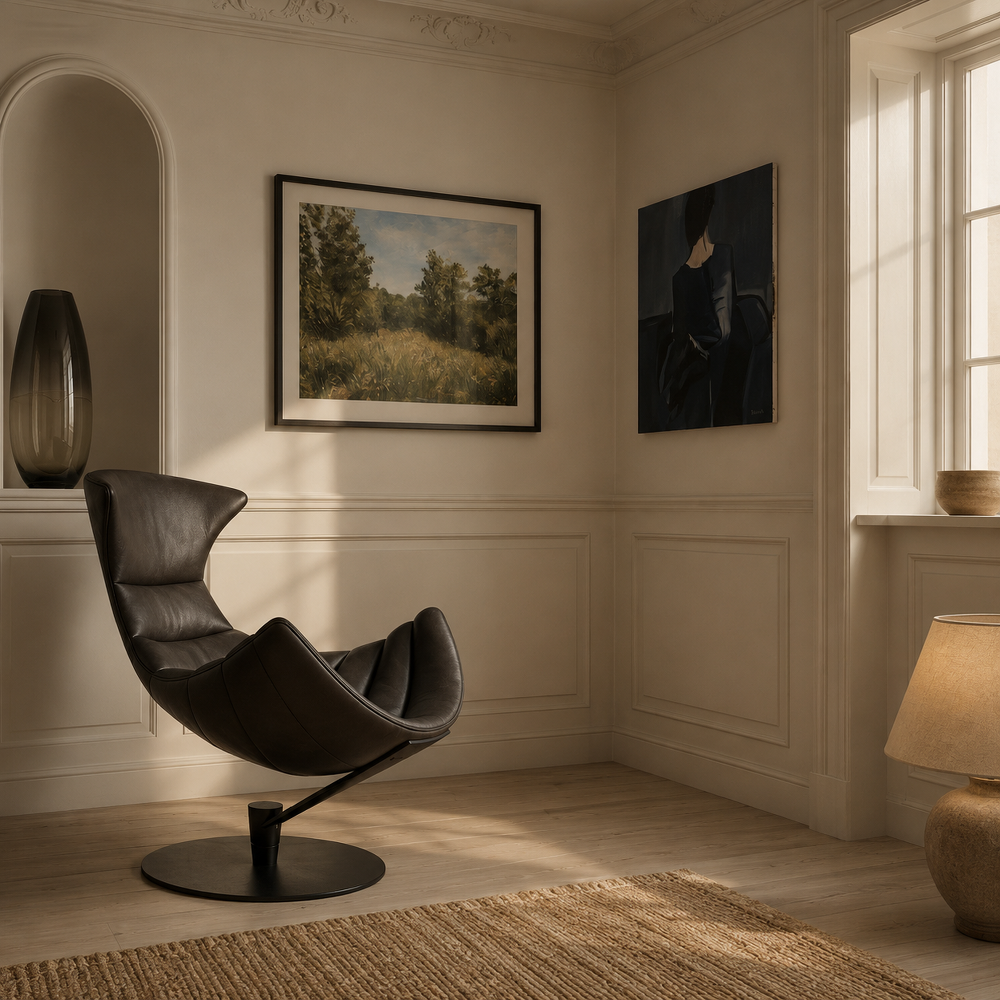 A modern sculptural black leather lounge chair in a sunlit, elegant room with cream walls, framed art, a window, and a floor lamp.