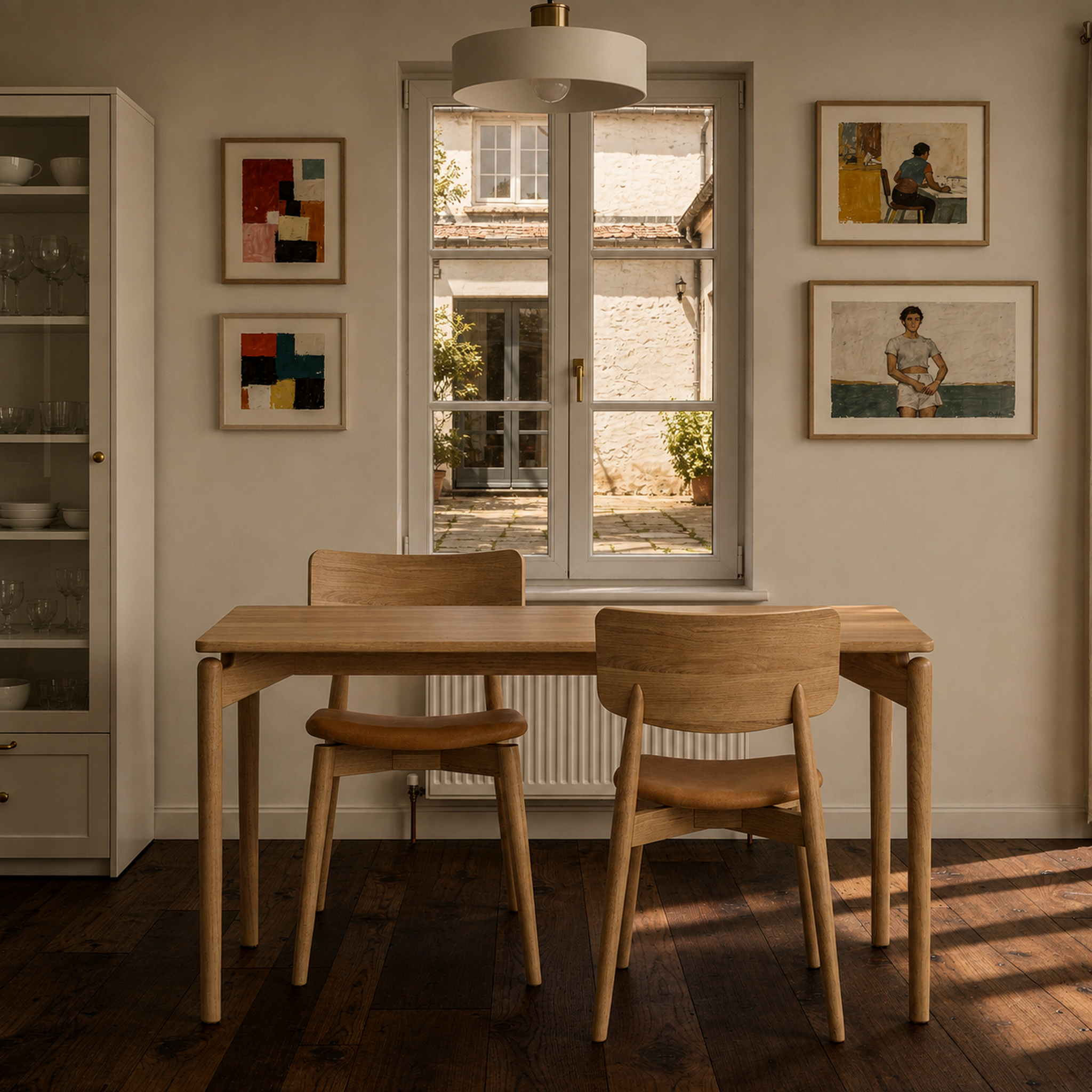 A light oak dining table with two matching wooden chairs in a bright, modern dining room with a window, framed art, and dark wood floors.