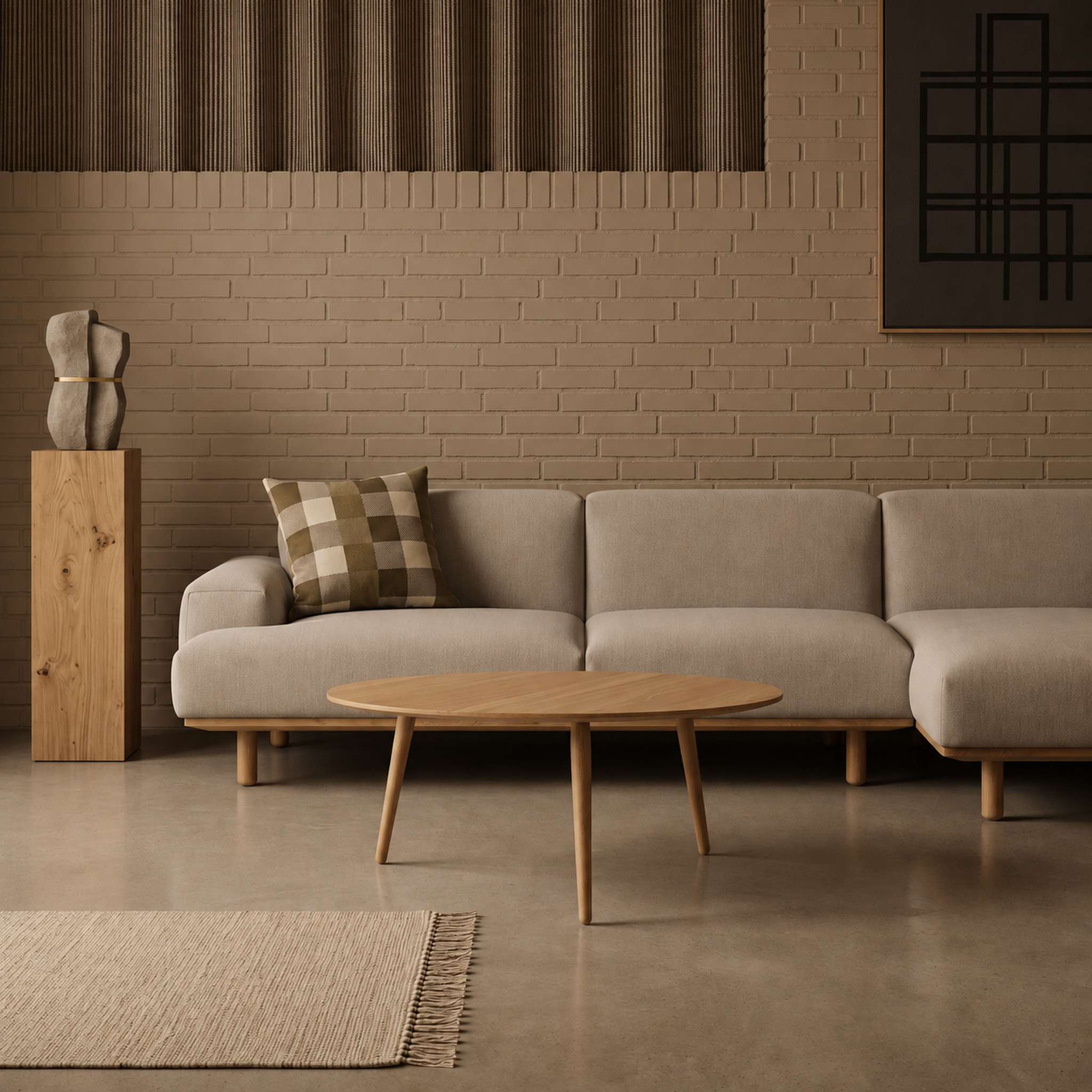 A modern beige sectional sofa in a minimalist living room setting with a round wooden coffee table, a brick-patterned wall, and a neutral plaid accent pillow.