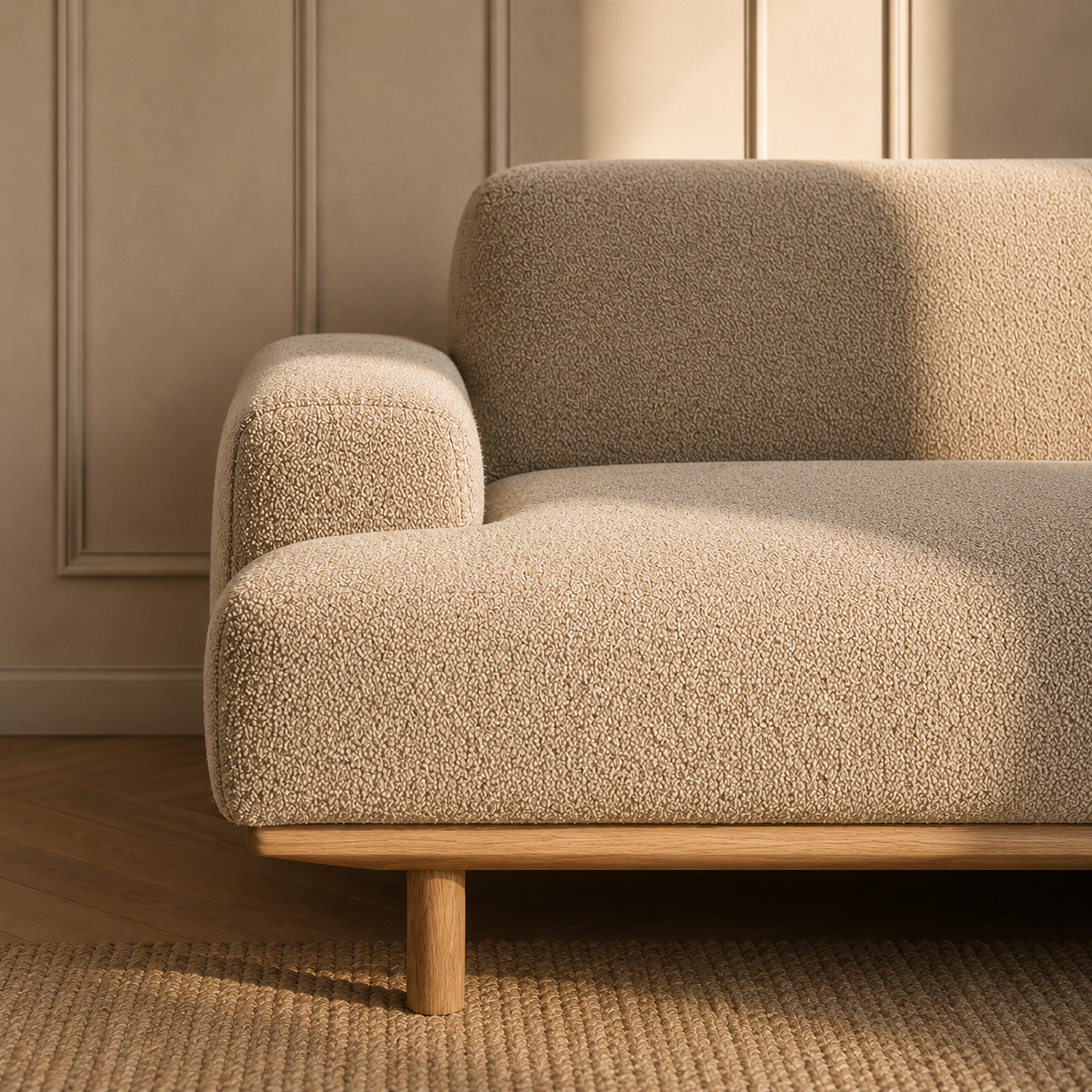 reason couch in danish home with boucle fabric