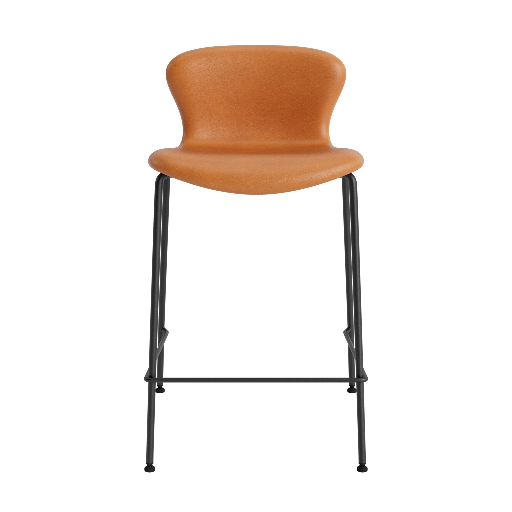 Counter stool in cognac leather with a modern design on a white background