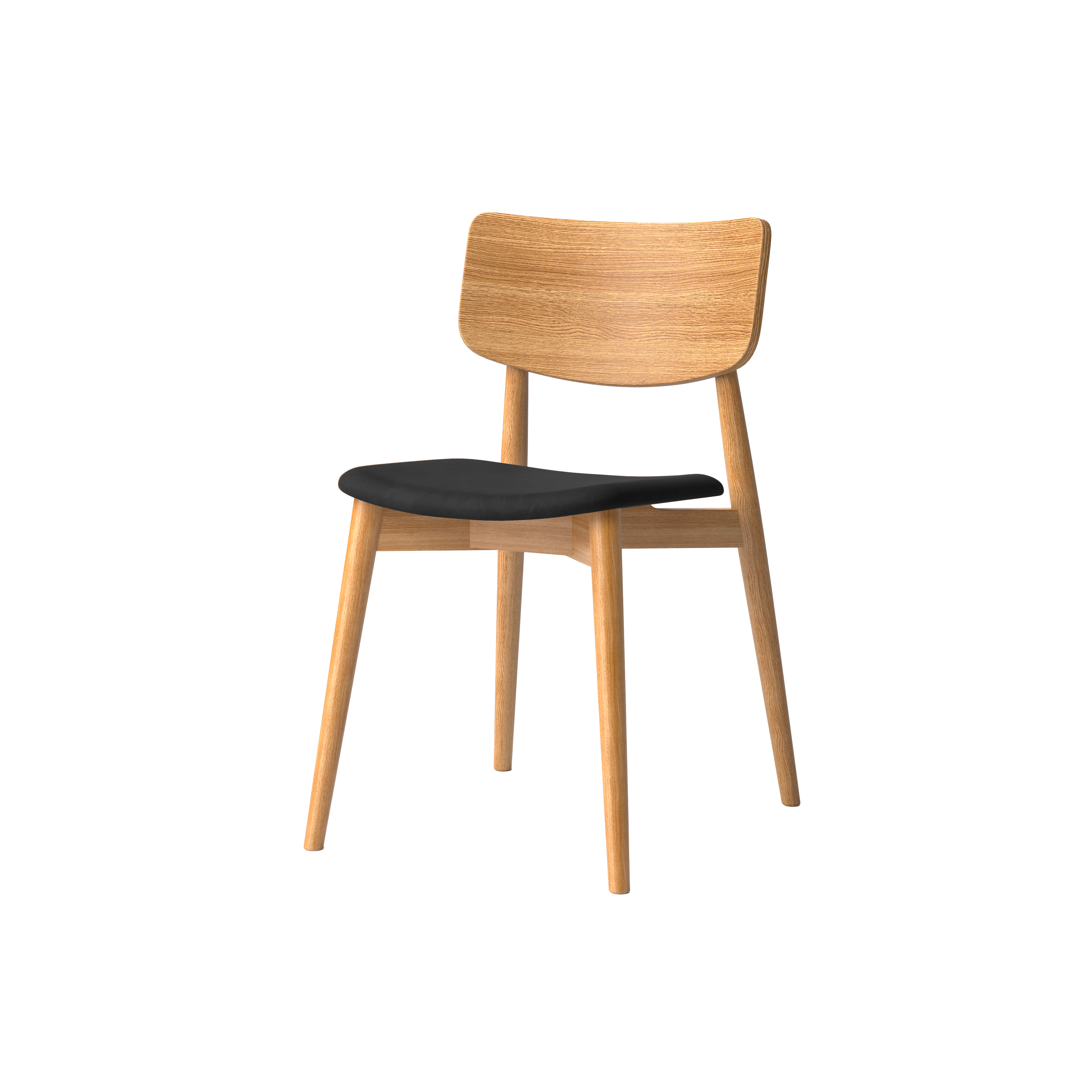 Bruunmunch Chiara chair in solid oak with natural oil finish and seat upholstered in black-colored aniline leather, angled packshot against a neutral background