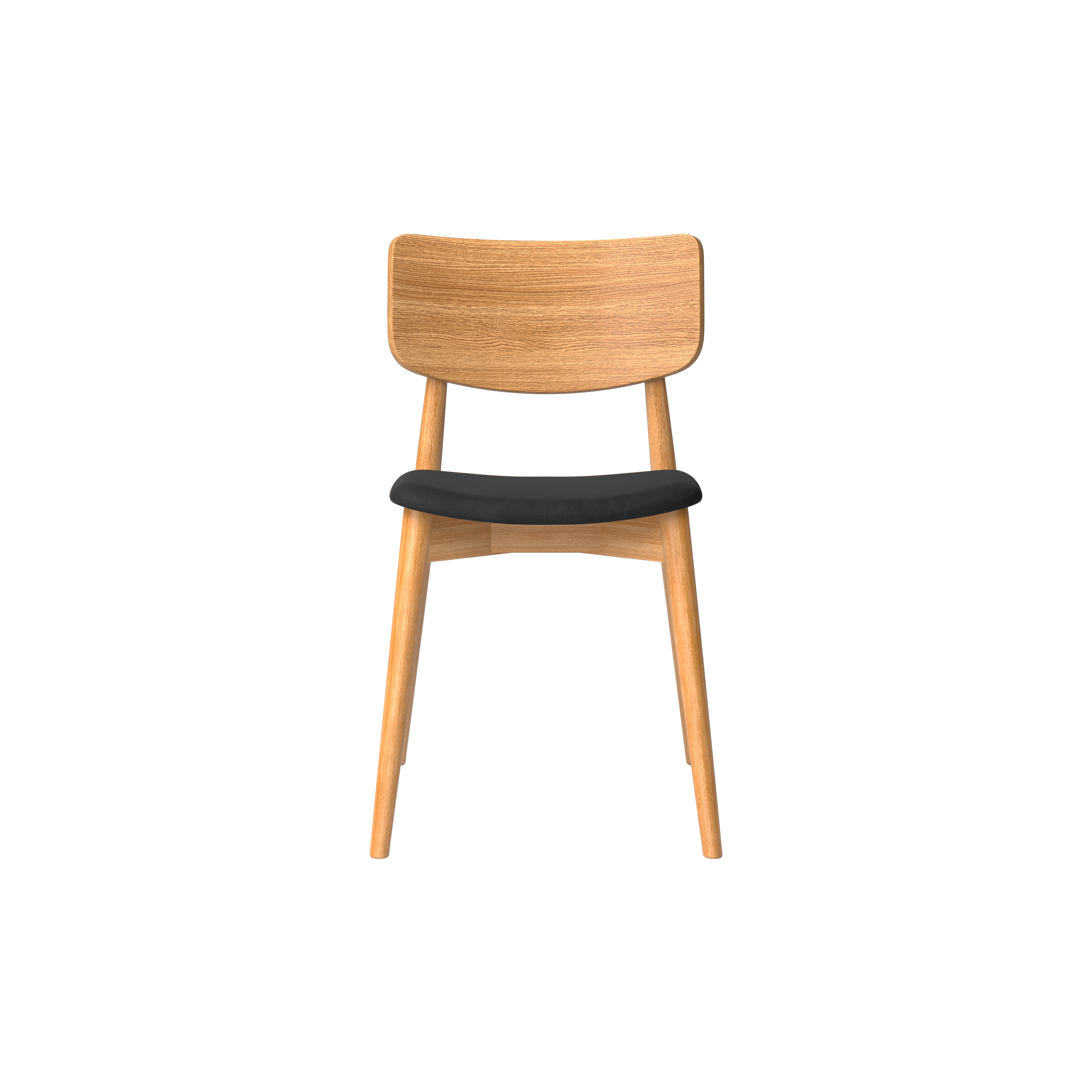 Bruunmunch Chiara chair in solid oak with natural oil finish and seat upholstered in black-colored aniline leather, front view packshot against a neutral background