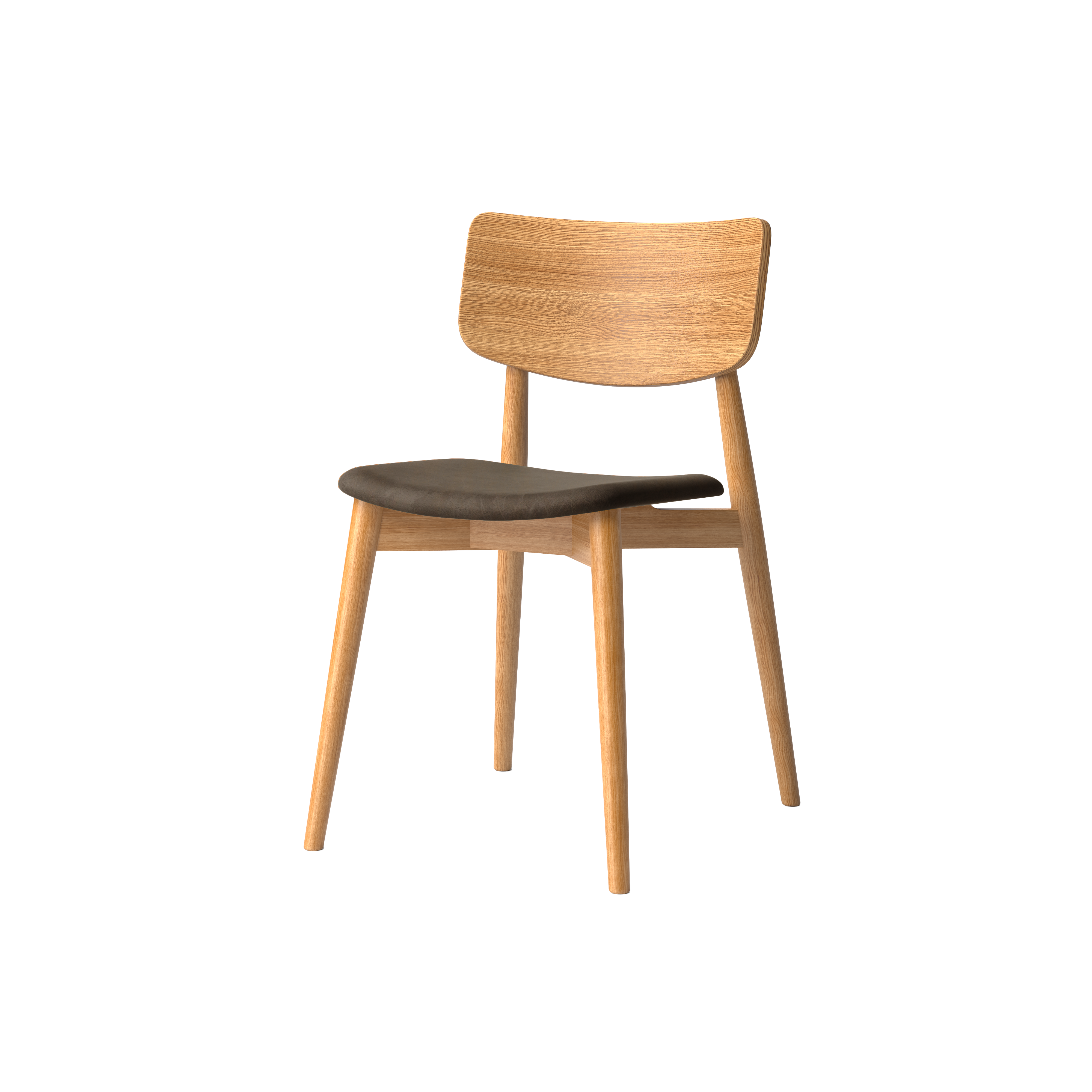 Bruunmunch Chiara chair in solid oak with natural oil finish and seat upholstered in umbra-colored aniline leather, angled packshot against a neutral background