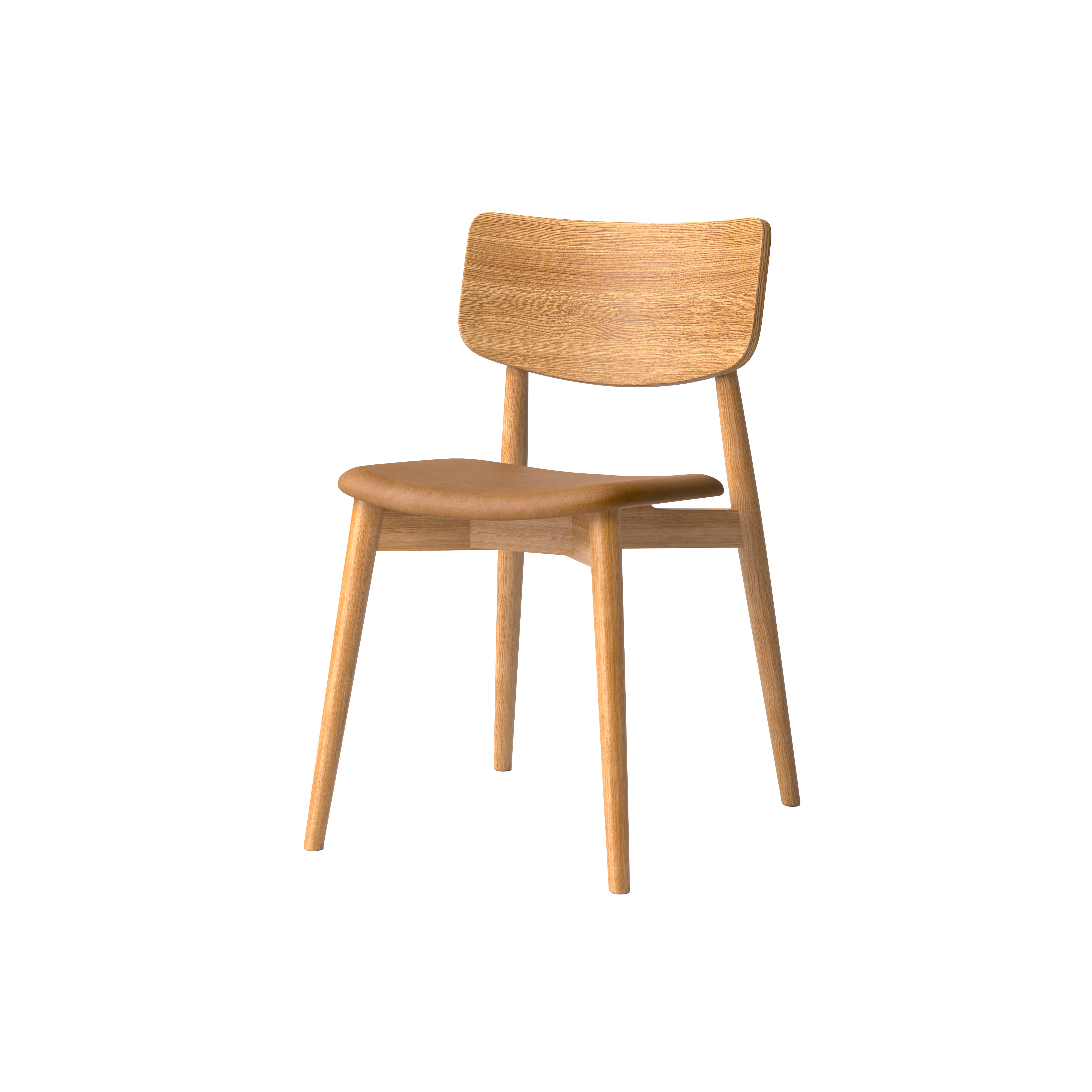 Bruunmunch Chiara chair in solid oak with natural oil finish and seat upholstered in brandy-colored aniline leather, angled packshot against a neutral background
