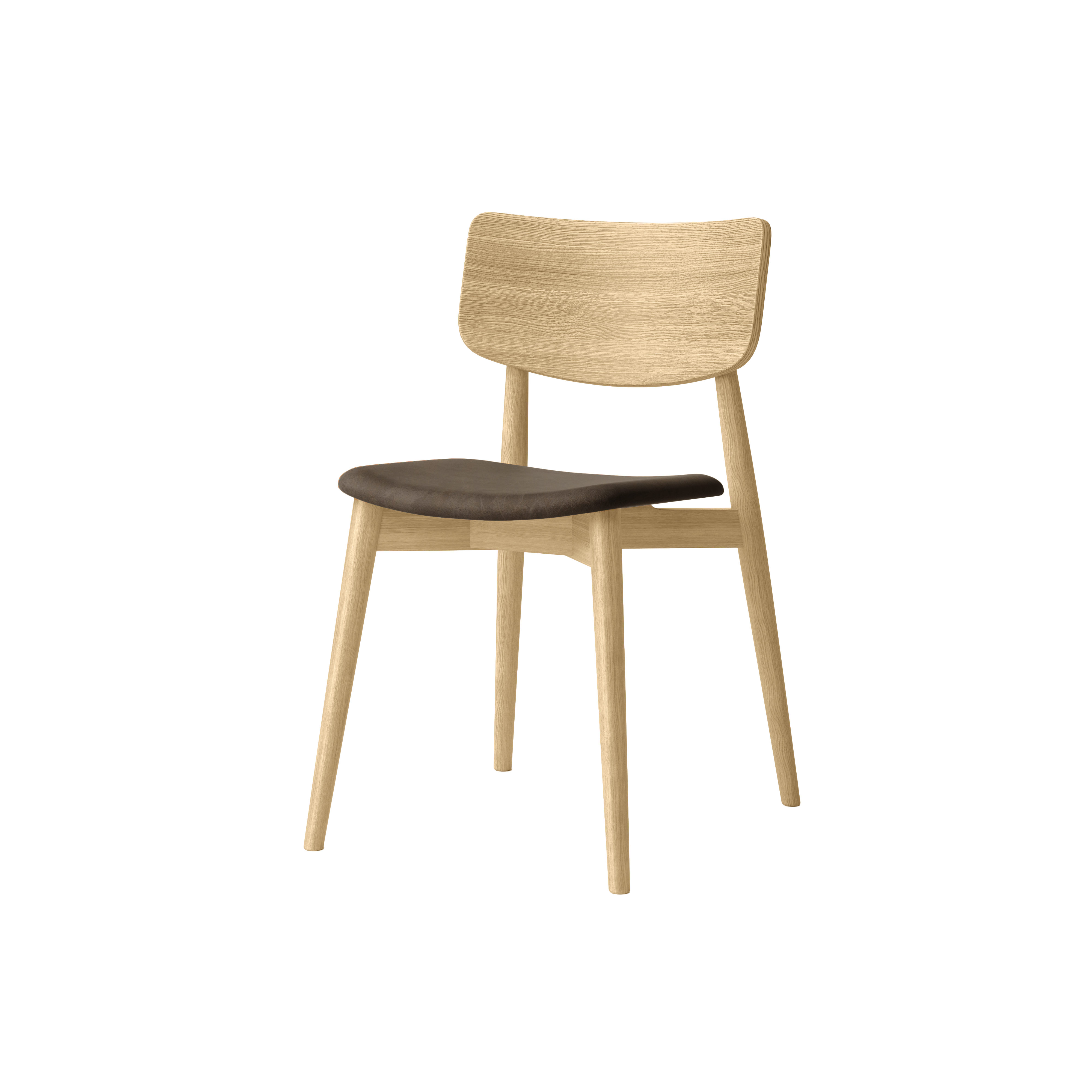 Bruunmunch Chiara chair in solid oak with white oil finish and seat upholstered in umbra-colored aniline leather, angled packshot against a neutral background