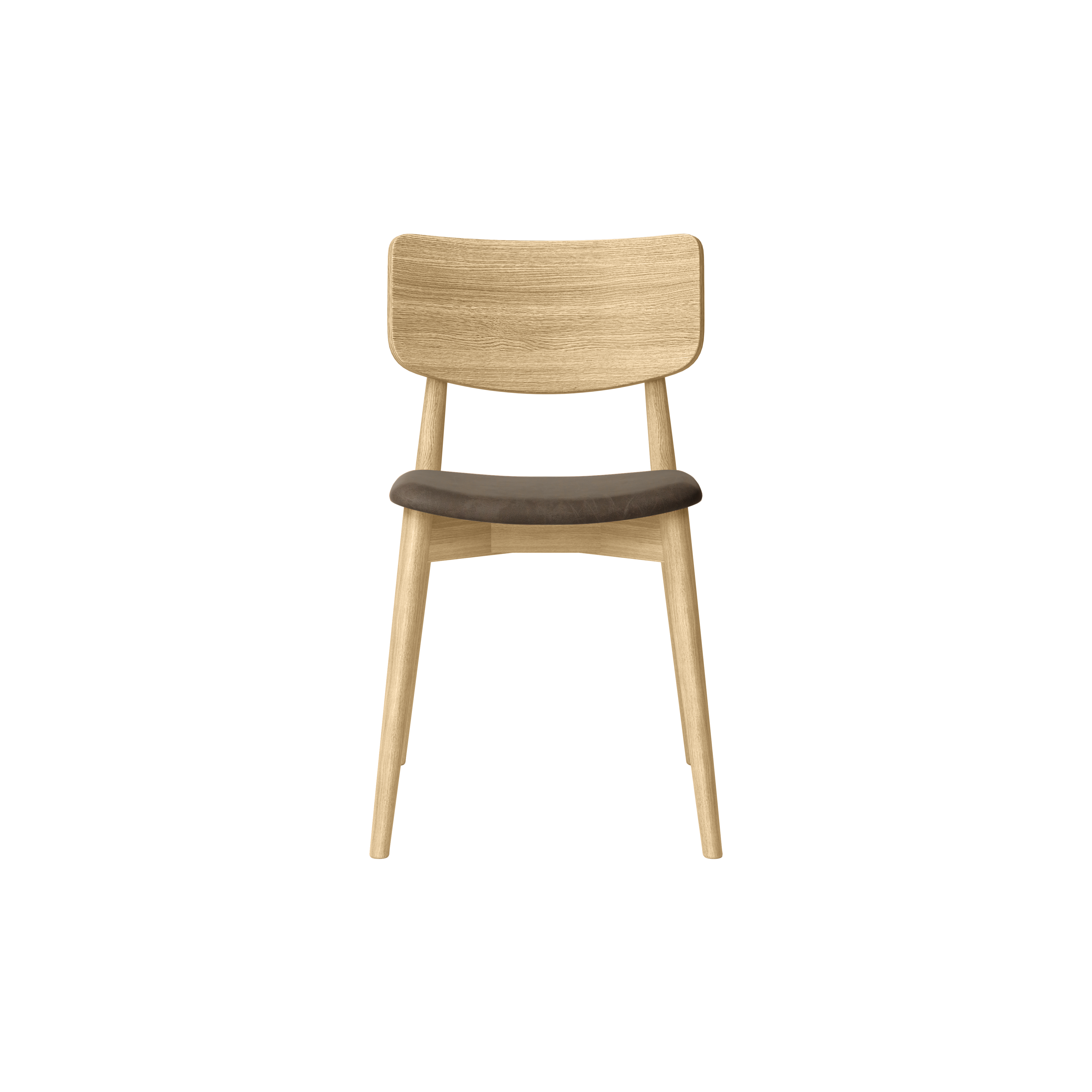 Bruunmunch Chiara chair in solid oak with white oil finish and seat upholstered in umbra-colored aniline leather, front view packshot against a neutral background