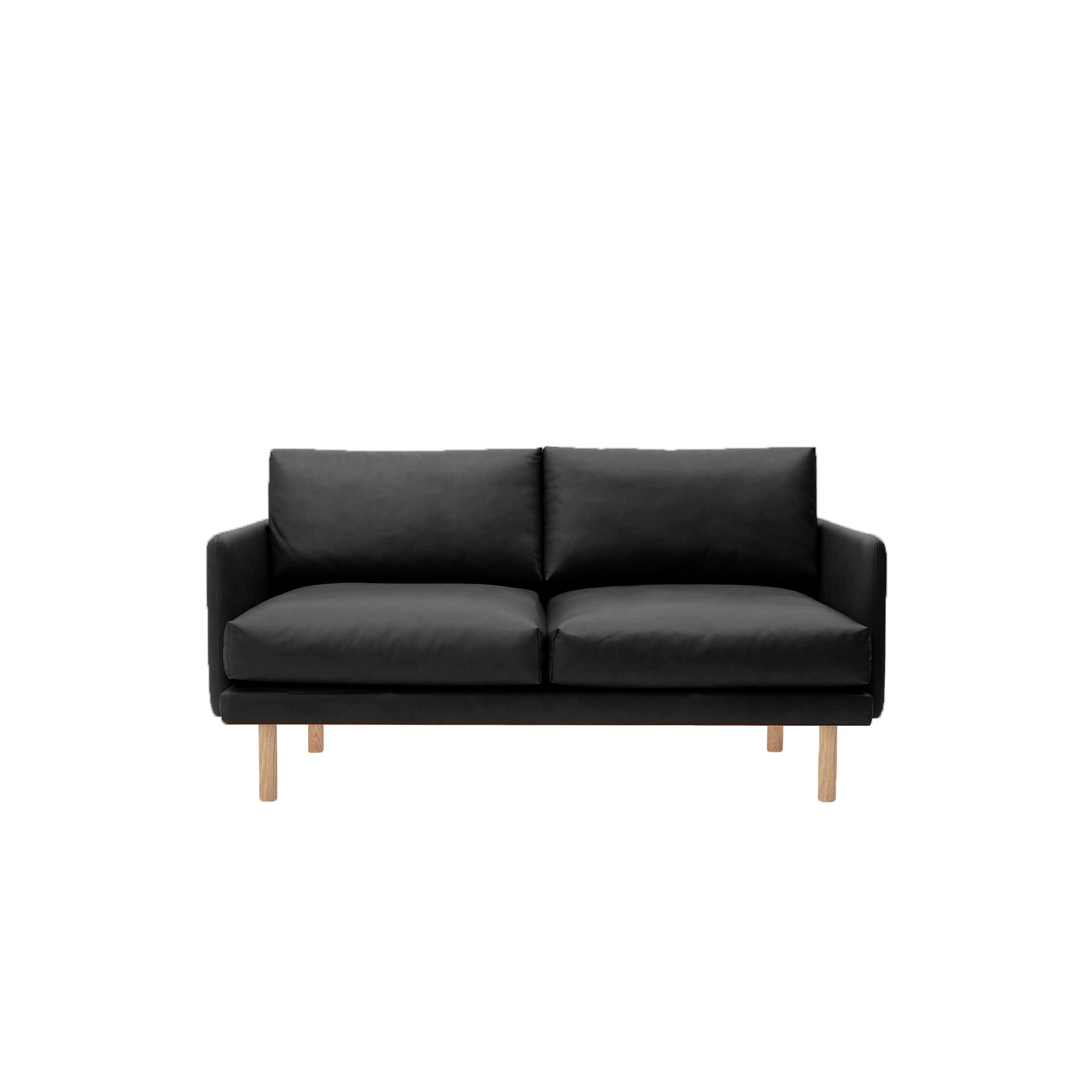 Emo 2 Seater Sofa Upholstered in Dakar Black Leather with legs in Oak, Natural. Designed by Mika Tolvanen a danish design sofa by Bruunmunch