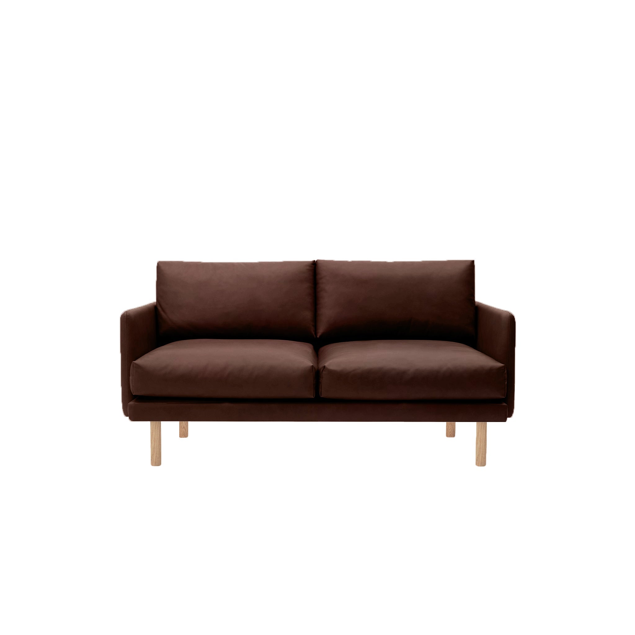 Emo 2 Seater Sofa Upholstered in Dakar Brown Leather with legs in Oak, Natural. Designed by Mika Tolvanen a danish design sofa by Bruunmunch