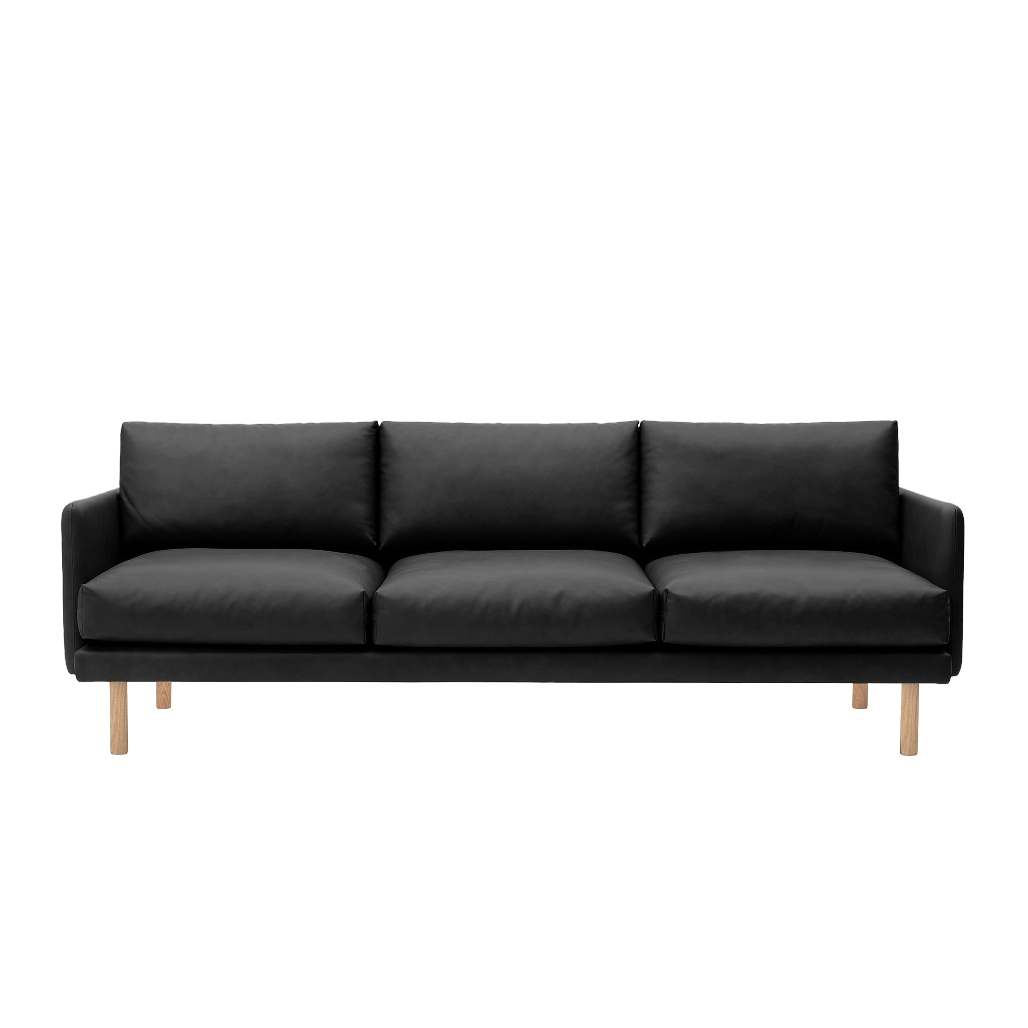 Emo 3 Seater Sofa Upholstered in Dakar Black Leather with legs in Oak, Natural. Designed by Mika Tolvanen a danish design sofa by Bruunmunch
