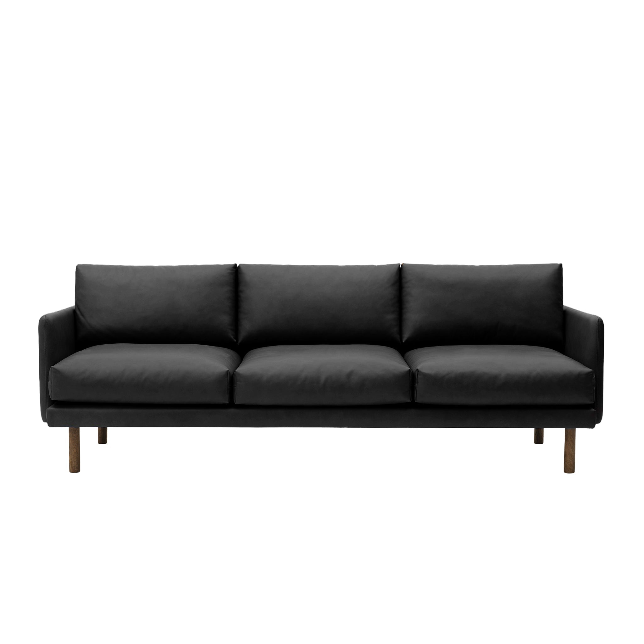 Emo 3 Seater Sofa Upholstered in Dakar Black Leather with legs in Oak, Smoked. Designed by Mika Tolvanen a danish design sofa by Bruunmunch
