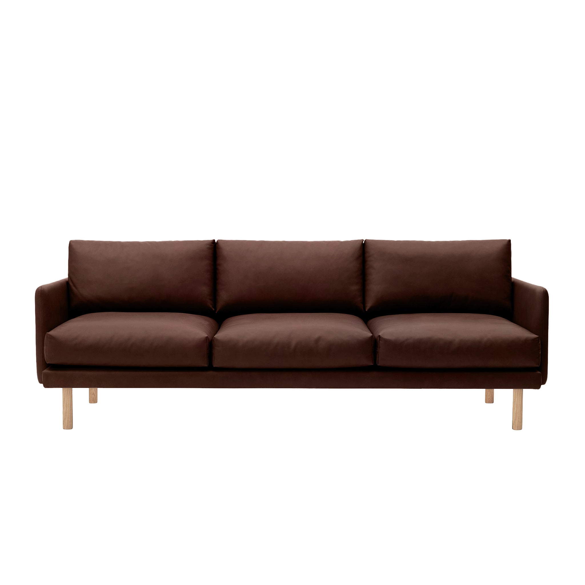 Emo 3 Seater Sofa Upholstered in Dakar Brown Leather with legs in Oak, Natural. Designed by Mika Tolvanen a danish design sofa by Bruunmunch