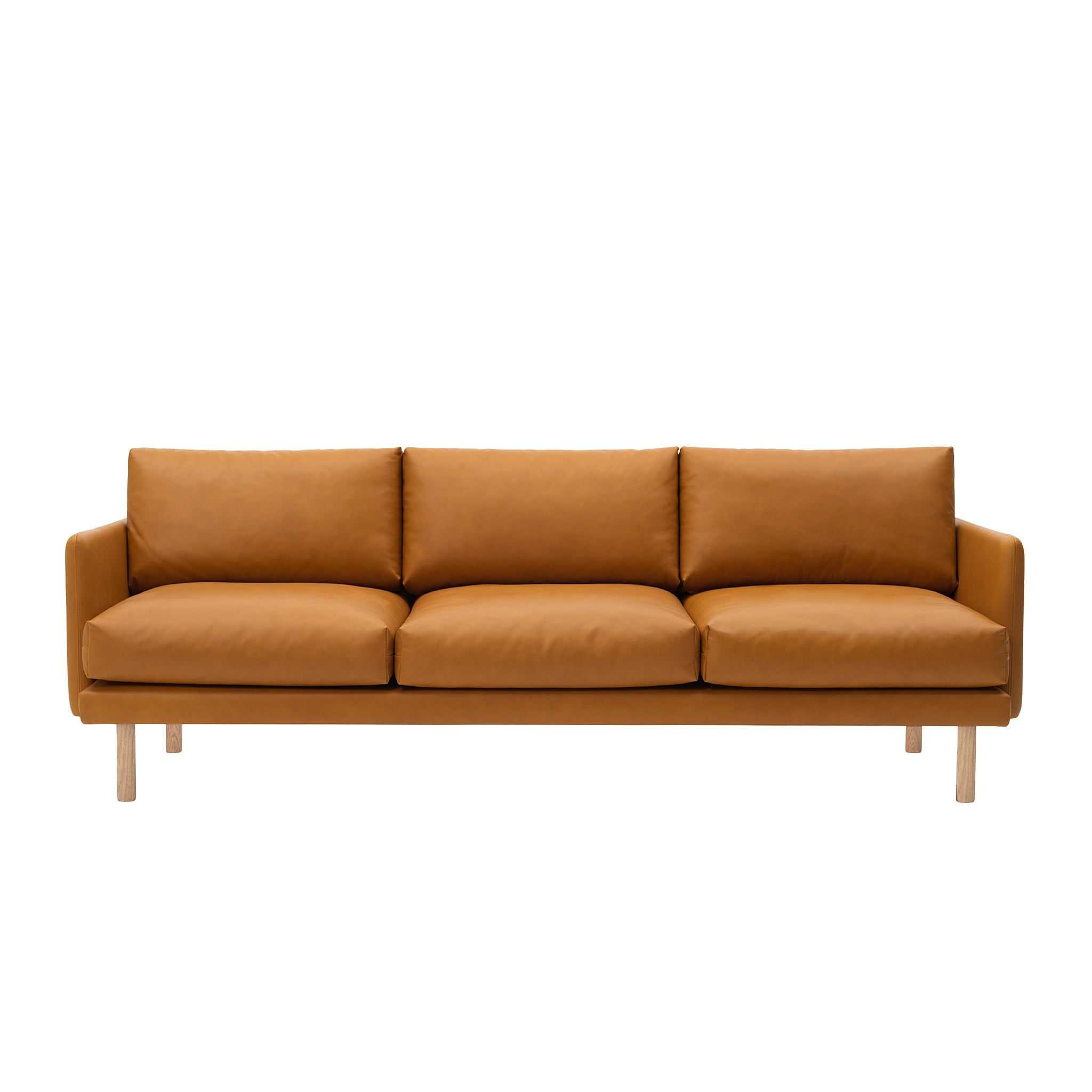 Emo 3 Seater Sofa Upholstered in Dakar Cognac Leather with legs in Oak, Natural. Designed by Mika Tolvanen a danish design sofa by Bruunmunch