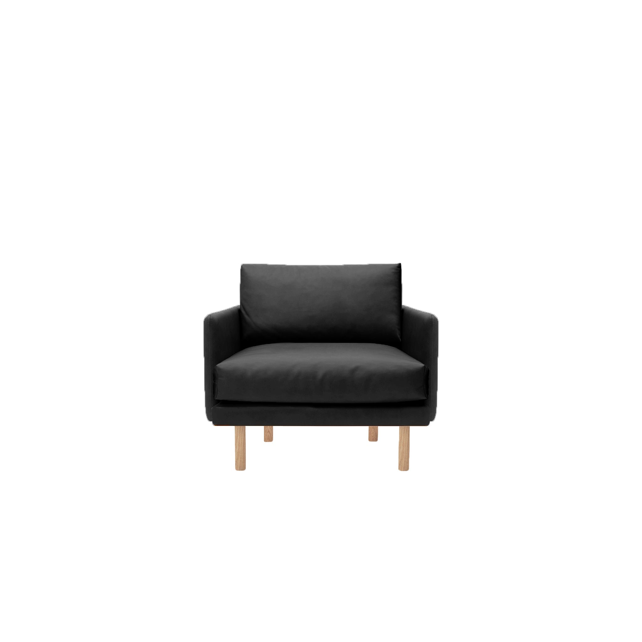 Emo Lounge Chair Upholstered in Dakar Black Leather with legs in Oak, Natural. Designed by Mika Tolvanen a danish design sofa by Bruunmunch