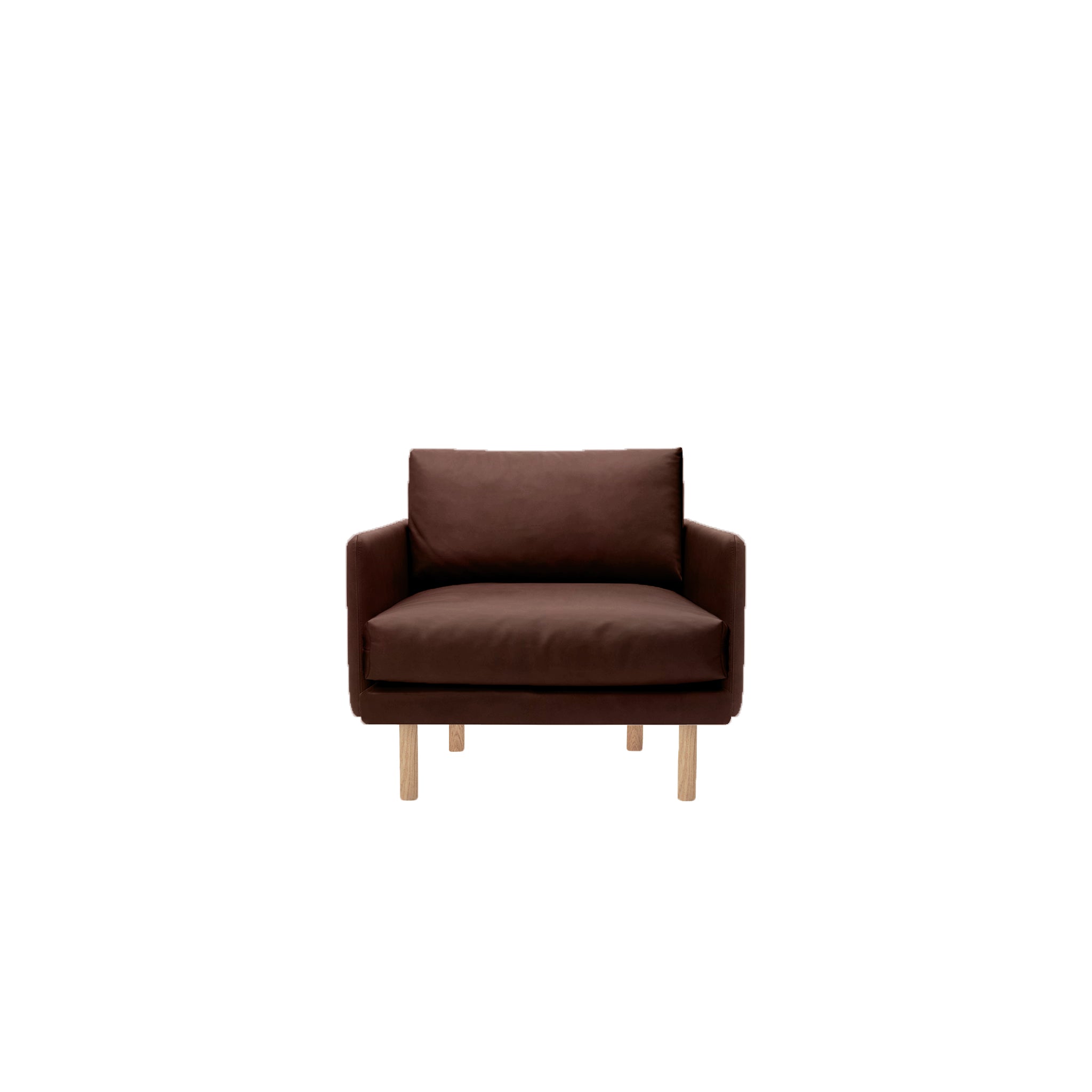 Emo Lounge Chair Upholstered in Dakar Brown Leather with legs in Oak, Natural. Designed by Mika Tolvanen a danish design sofa by Bruunmunch
