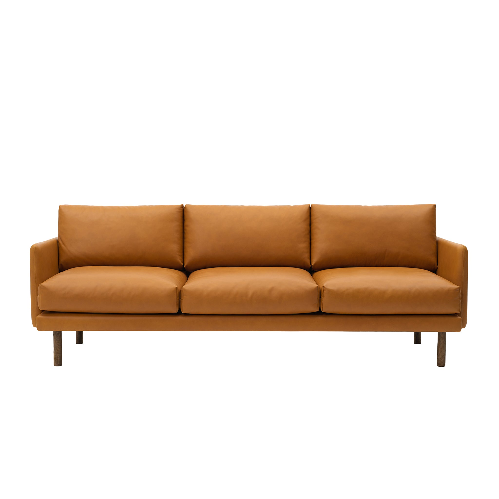 Emo 3 Seater Upholstered in Dakar Cognac Leather with legs in Oak, Smoked. Designed by Mika Tolvanen a danish design sofa by Bruunmunch