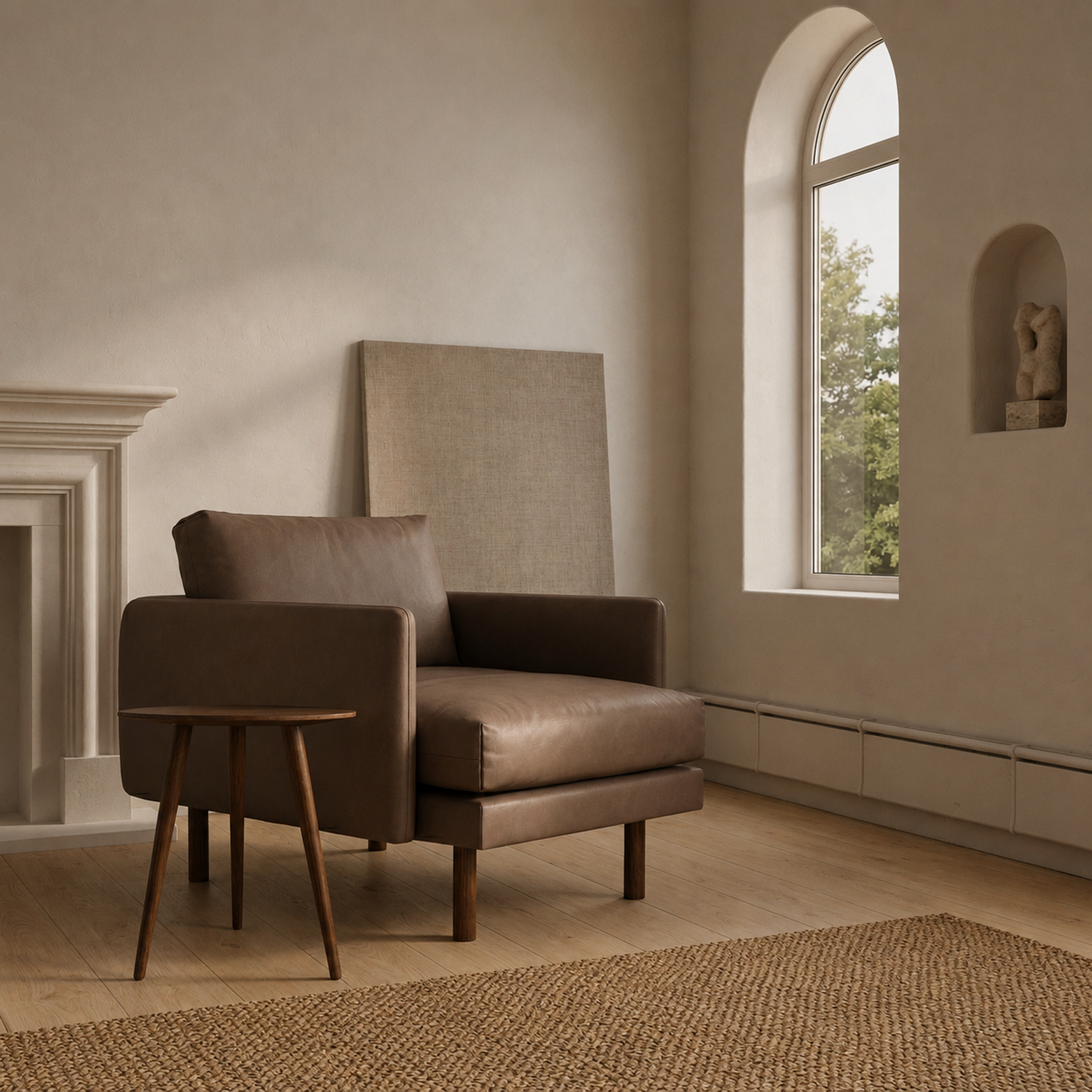 A brown leather armchair with a matching back cushion in a styled room, next to a small wooden side table, with a large beige upholstered panel leaning against the wall and a tall arched window on the right.