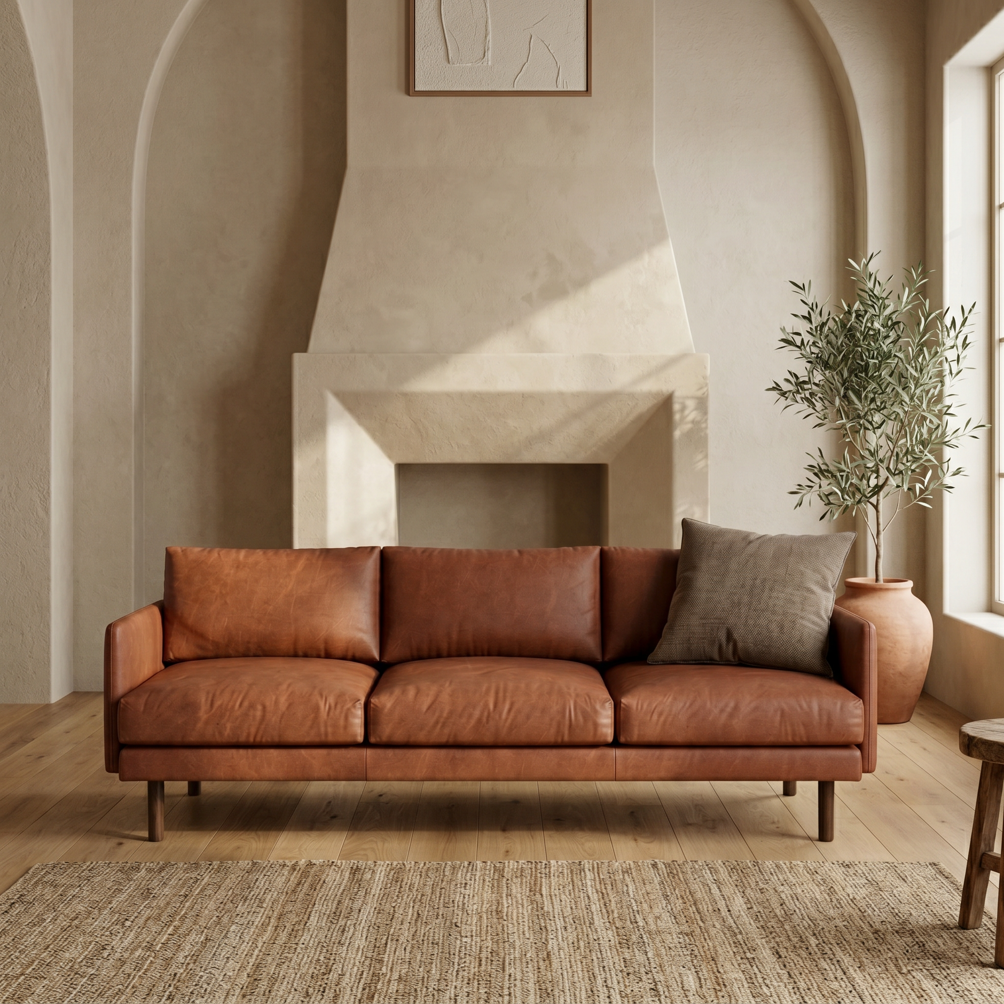 A three-seat brown leather sofa with dark wooden legs, styled in a rustic, warm-toned room with a stone fireplace, a potted olive tree, and a textured rug.