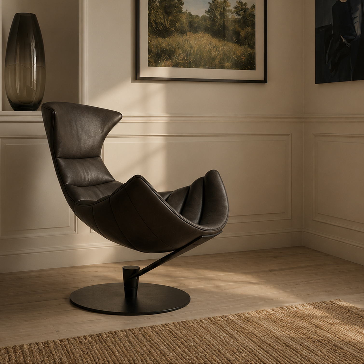 A modern sculptural black leather lounge chair in a sunlit, elegant room with cream walls, framed art, a window, and a floor lamp.