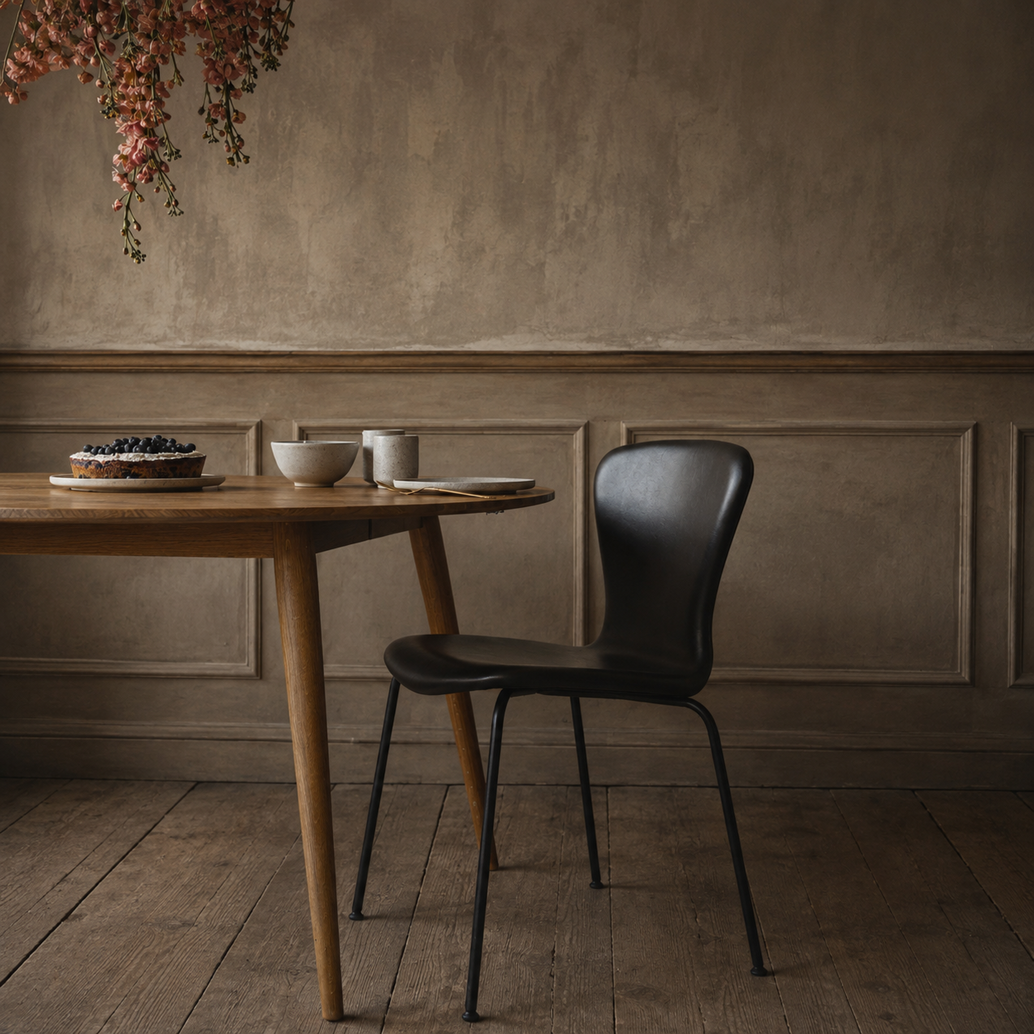 A modern black molded plastic dining chair with thin black metal legs, positioned next to a light brown wooden table in a rustic room with textured plaster walls and wood paneling.