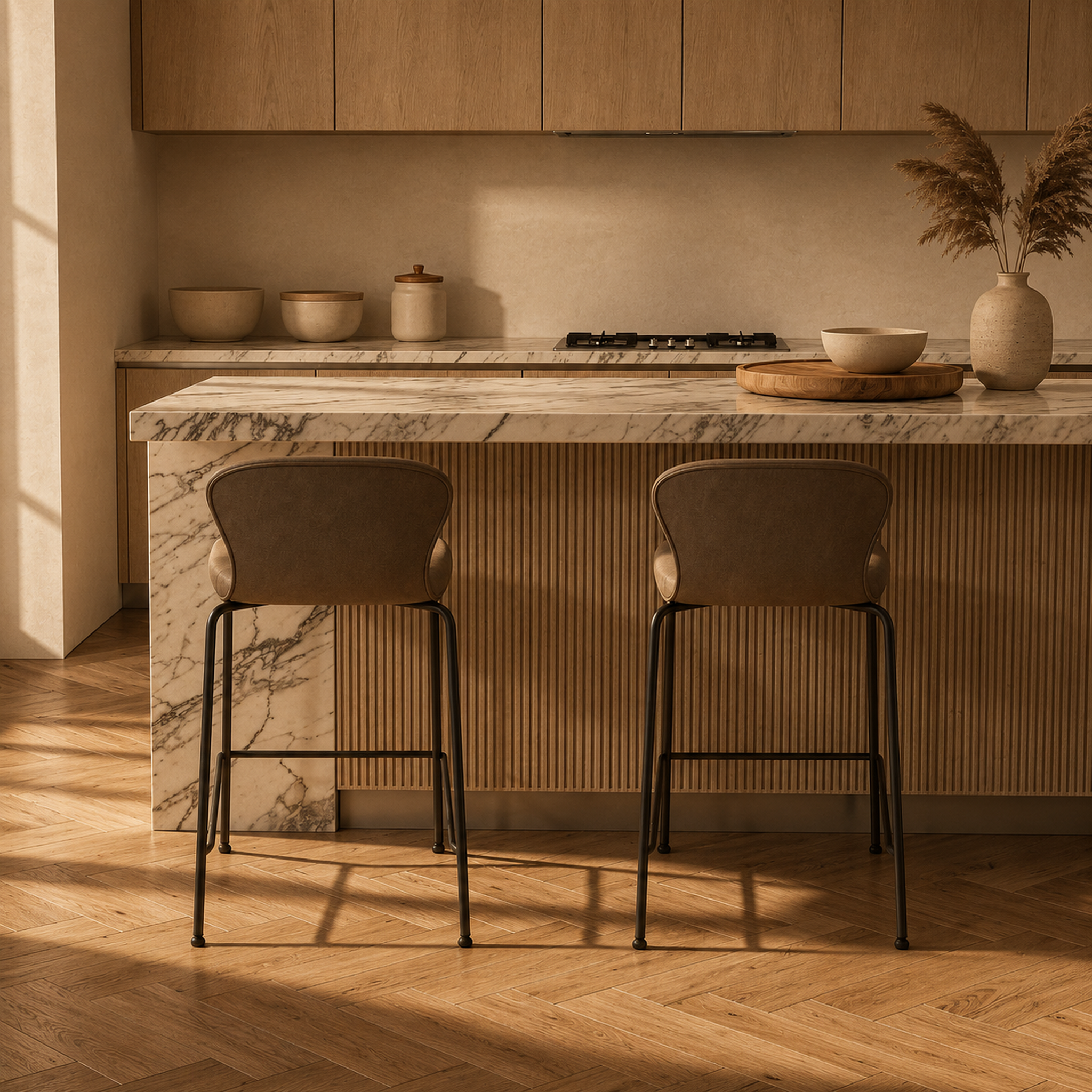 Two modern bar stools with taupe-brown upholstered seats and black metal legs, positioned in front of a kitchen island with a marble countertop and fluted wood paneling in a warm, sunlit interior.