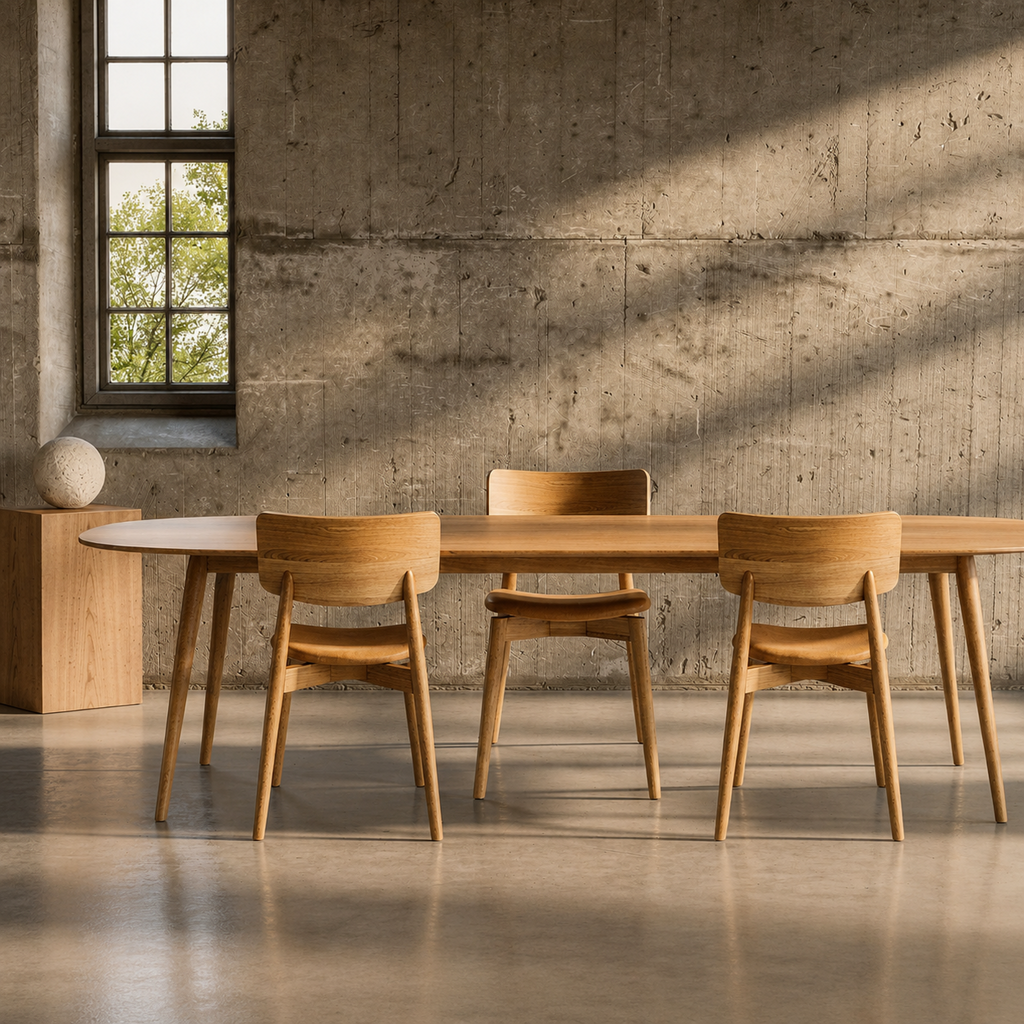 A modern round wooden dining table with four matching wooden chairs in a minimalist concrete-walled room with natural light.