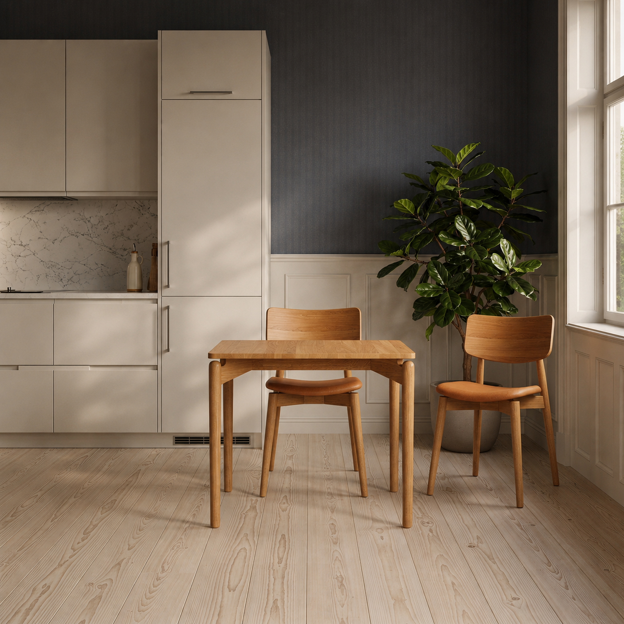 A minimalist dining setup featuring a light oak wood table and two matching wooden chairs in a modern kitchen setting with a dark gray wall and a large potted plant.