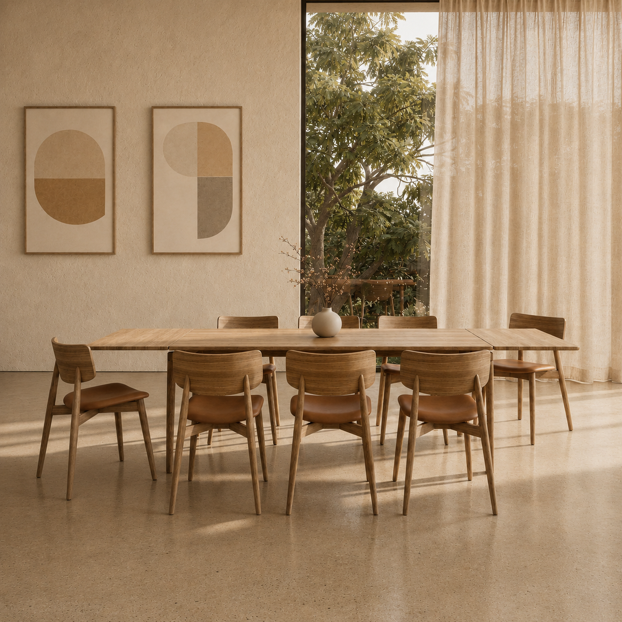 Dining area with wooden table and chairs, framed abstract art on the wall, and a large window with curtains.