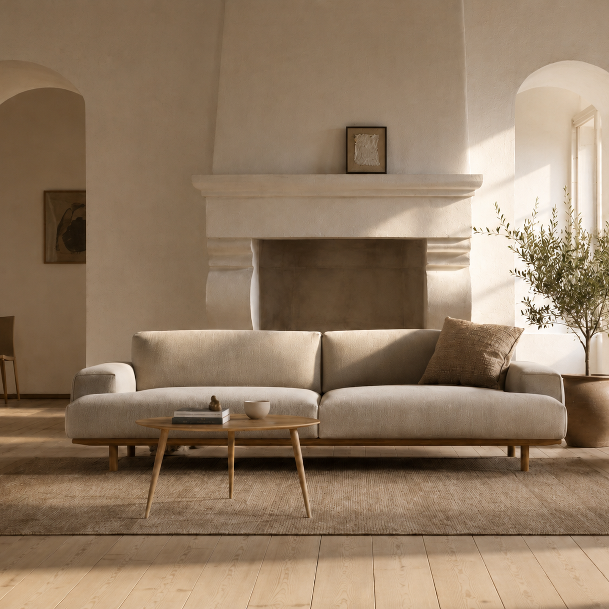 A modern beige fabric sofa with a light wood frame and legs, styled in a minimalist, warm-toned living room with a fireplace, wooden coffee table, and a potted plant.