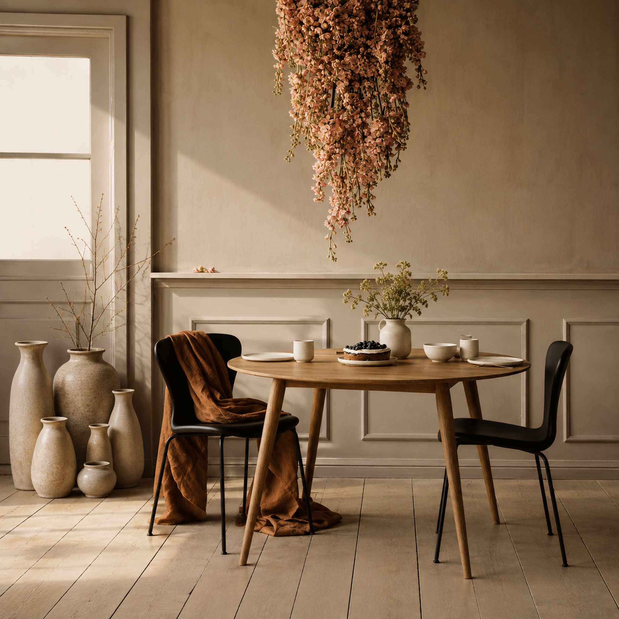 A styled dining room scene with a round wooden table, two black chairs, a draped brown throw blanket, ceramic vases, and a hanging floral arrangement against a warm beige wall.