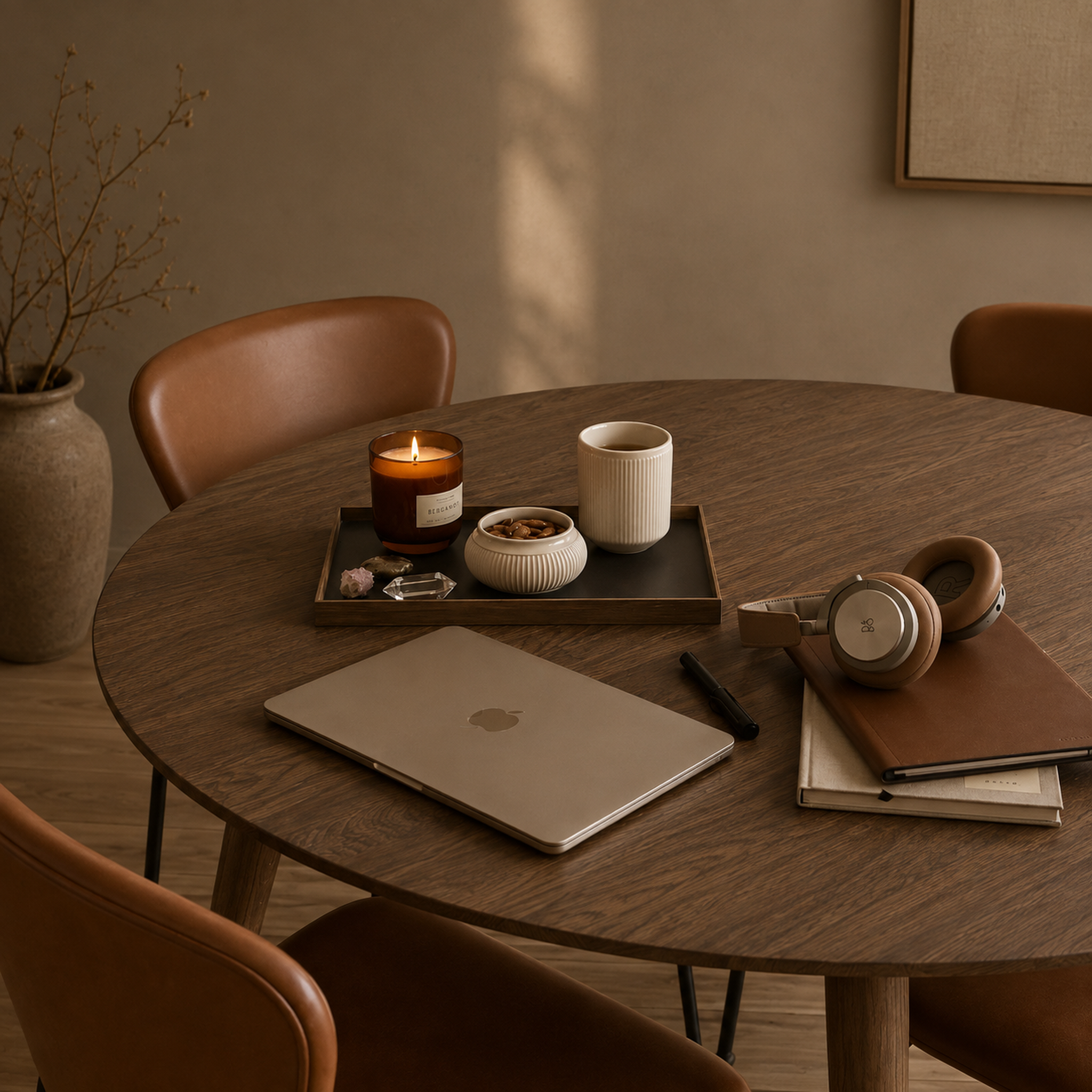 A styled round wooden dining table in a warm, minimalist room setting, featuring a closed silver laptop, a black candle holder with a lit candle, a white ceramic mug, a small ribbed bowl, and a pair of brown over-ear headphones on stacked notebooks. Brown leather chairs surround the table, and a large textured vase with dried branches sits on the left.